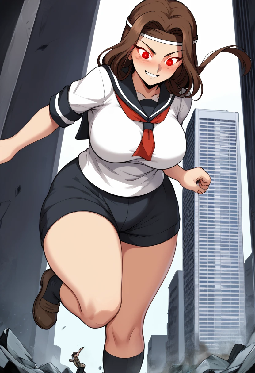 ultra-detailed, detailed face, detailed eyes, retro anime style, cartoon style, front view, from bottom, powerful shot, powerful effects, dynamic effects, dynamic shot, 

athletic curvy physique, inverted body type, attractive feminine curves, big breasts, curvy legs and arms, feminine curvy figure, (thick thighs, thick calves, thick voluptuous legs, big curvy hip, bare knees), ((style of plump voluptuous body)), 

black over-the-calf socks, navy track short, white sailor uniform, white short-sleeved sailor shirt,
brown long hair, red glowing eyes, blushing his cheeks, 

1 beautiful giant boy, looking down with evil smile, (running with destroying buildings, sprinting between buildings, leaning forward, stepping forward, put one foot forward, put one knee forward, put one leg forward, chasing small people around her feet), rampage, destroying city, destroying buildings, corrupted buildings, running with rolling rubble dust up, trampling small people around his steps, crushing building with his hand, crushing one small man with his foot, scattered rubble around his steps, towering, overwhelming, terrible, 

building size, nathan,1boy, kurosaki makoto, long hair, red eyes, brown hair, headband, 