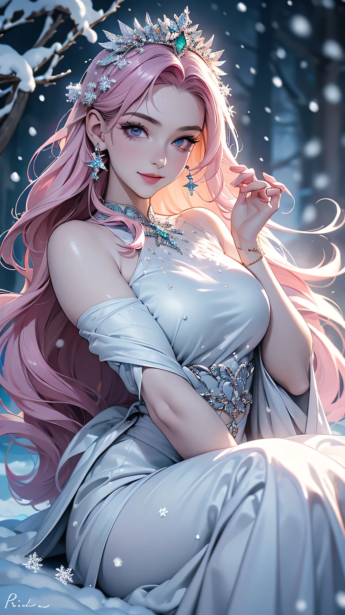 masterpiece, best quality, Super detailed, 4K, lifelike:1.37, white snow, PRİNCESS, Landscape with heavy snow in the snow, wilderness, Emerald green snowflakes twinkle in the sky, Pure Princess, fairy tale stage, magical atmosphere, Storybook illustration, Mysterious elements, Dark and light contrast, reflection, malice, magical forest creatures, sparkling stars, mysterious charm, (((snow scene))), Mirror fragments, royal gold crown, (delicate snowflakes), Innocent beauty, charming eyes,purple eyes, sounds creepy, eerie silence, surrealist works, (dramatic lighting), Fantasy realm, golden accents, Prohibited, stunning details, glassy surface, magical transformation, cold stare, The beauty that is not worth mentioning, bright colors, whole body, PRİNCESS, 1 girl, 1, a baby face, pink hair, long hair((a smile)), bare shoulders, Elegant dress, Exquisite crystal and silver jewelry, loose emerald dress, dynamic poses, looking at camera, backlight,