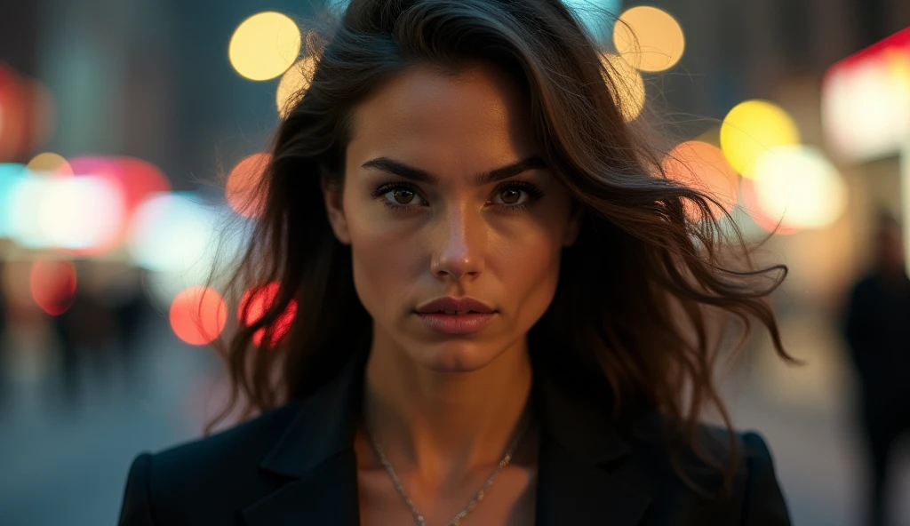 Photo-realistic depiction of a woman with a contemplative expression, wearing a classic white shirt. Set the scene in a modern urban environment, with soft city lights illuminating her face against a backdrop of tall buildings.