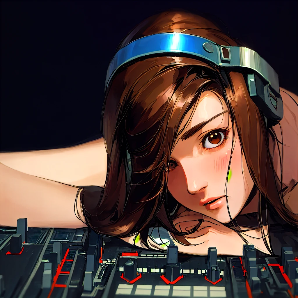 Battle DJ girl in HIPHOP fashion wearing DJ headphones,Front view , Turntablist, DJ Scratch, In front of her is a music mixer and a turntable.、A record is placed on the turntable,ターンテーブルはTechnics SL-1200MK7, JQBert,