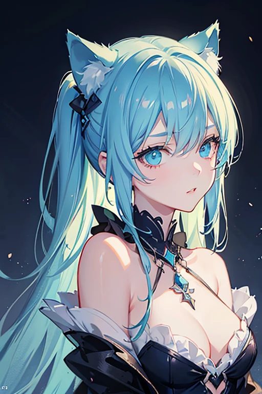 Light blue hair, turquoise eyes, long eyelashes, big red lips, apricot eyes, beauty, girly feeling