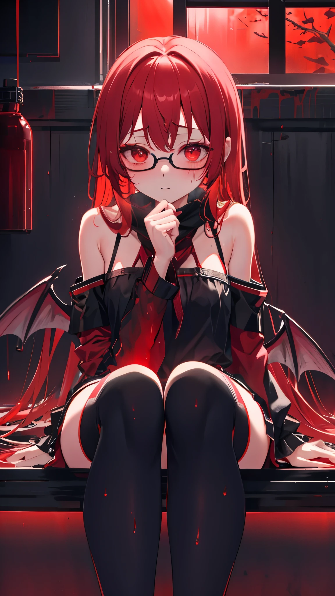 underdressing，Red Eyes，Sweat，Soaked，liquid，transparent，Cropped tops，succubus，black，stocking，Glasses，Sitting