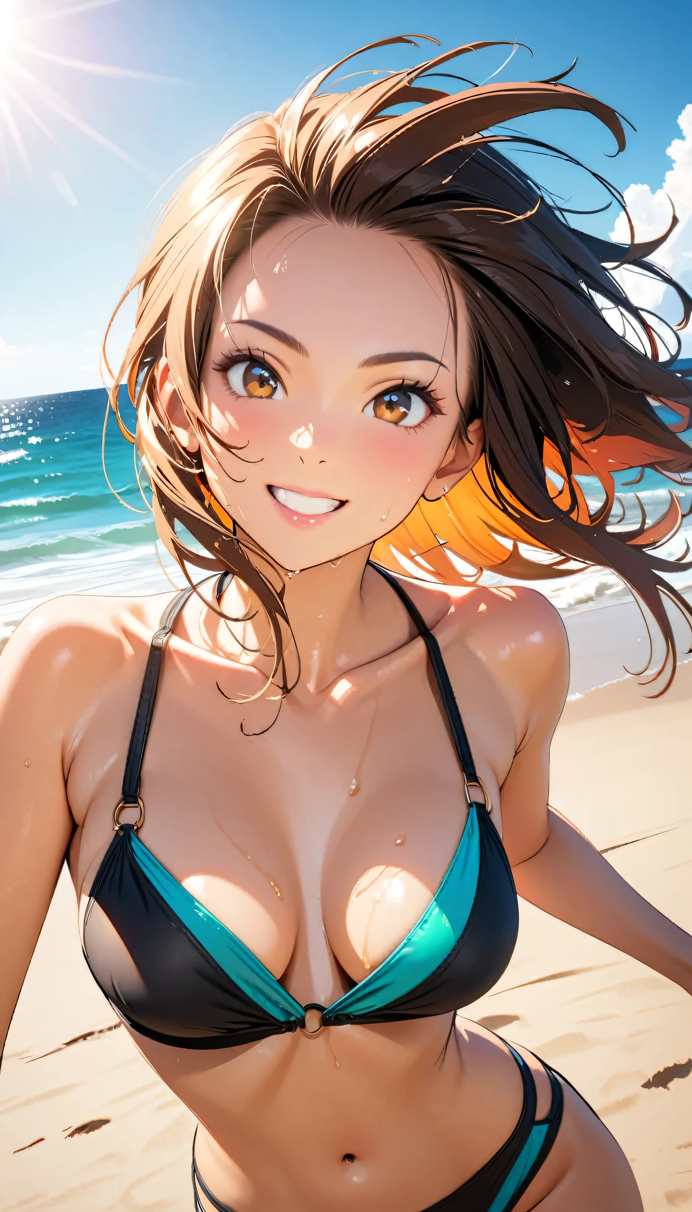 (Highest quality:1.2, Very detailed, Latest, Vibrant, masterpiece:1.2, Highest quality, Best aesthetics), smile, ((Face Up Shot:1.4)), 1980s style, 8K Ultra HD, Background Blur, smile, One Woman, Woman in bikini, Strong sunlight, Seaside, sunny, Summer sunshine, Wet Skin, Sandy Beach, Dynamic Angle, Get excited, Dynamic pose