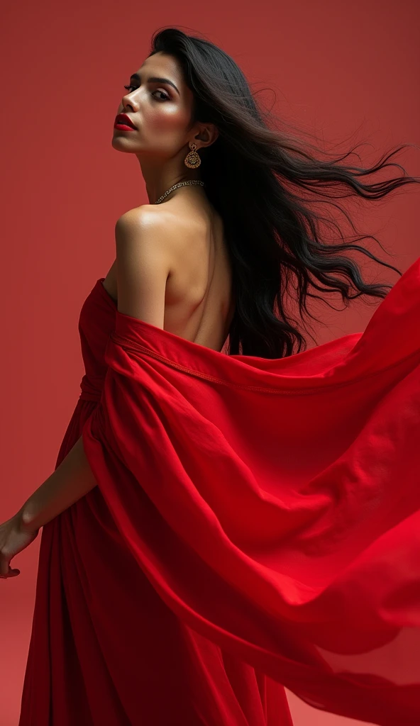 Arafed-Frau in einem roten Kleid, which runs on a brick street, Girl wearing a red dress, flowing realistic fabric, flowy dress, in einem roten Kleid, wears a red dress, elegantes rotes Kleid, Seide, die im Wind weht, flowing fabric, in einem roten Kleid, Flowing red silk fabric, flowy dress, rotes Kleid, Rote Kleidung, sehr intensiv