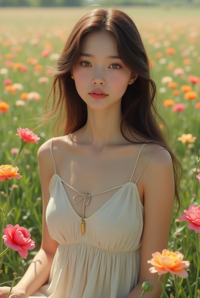  An Award-Winning Photography by ( Myron Edwards ) The young woman is reclining comfortably among the flowers, her body relaxed and her gaze soft and dreamy.
Expression: Her face reflects a calm and ethereal look, with a hint of a gentle smile.
Setting: A lush flower bed filled with a variety of colorful blooms, creating a rich and vibrant backdrop.
Lighting: Soft, warm lighting that enhances the natural colors of the flowers and the model’s features.
Attire: Elegant clothing that complements the ethereal and sensual style of the portrait.
Mood: The overall mood is one of tranquility, beauty, and enchantment.