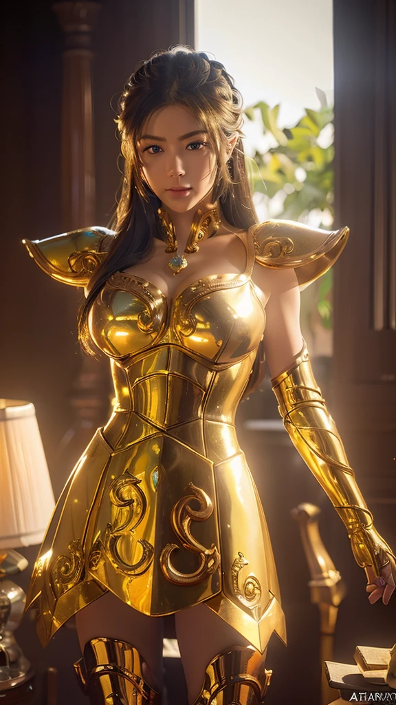 Beutiful women,Saint Seiya Gold Holy Vestment,crotch display,white thigh raised,cheeks slightly red