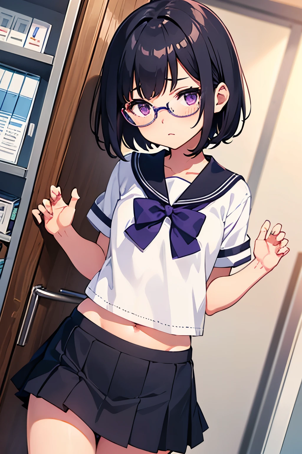 Elementary school girl, , toddler, flat chest, black hair, short bob, glasses, purple eyes, squinting eyes Bad mood (One person) white short sleeve sailor uniform Navy blue mini skirt White panties ((I can see her panties)) White socks Girl's room Crouching in front of a bookshelf in a room Reading a book Dynamic angle Low angle from the front