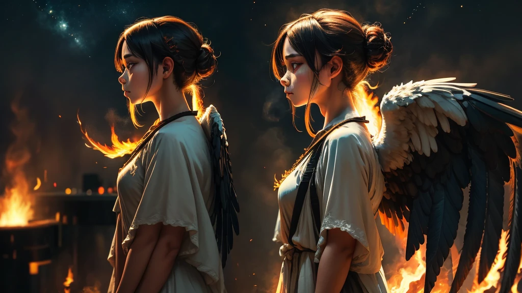 One girl, staring into the distance, nape of the neck, profile, burning eyes, Tokyo Eater, flaming, large wings, night sky background, full body shot