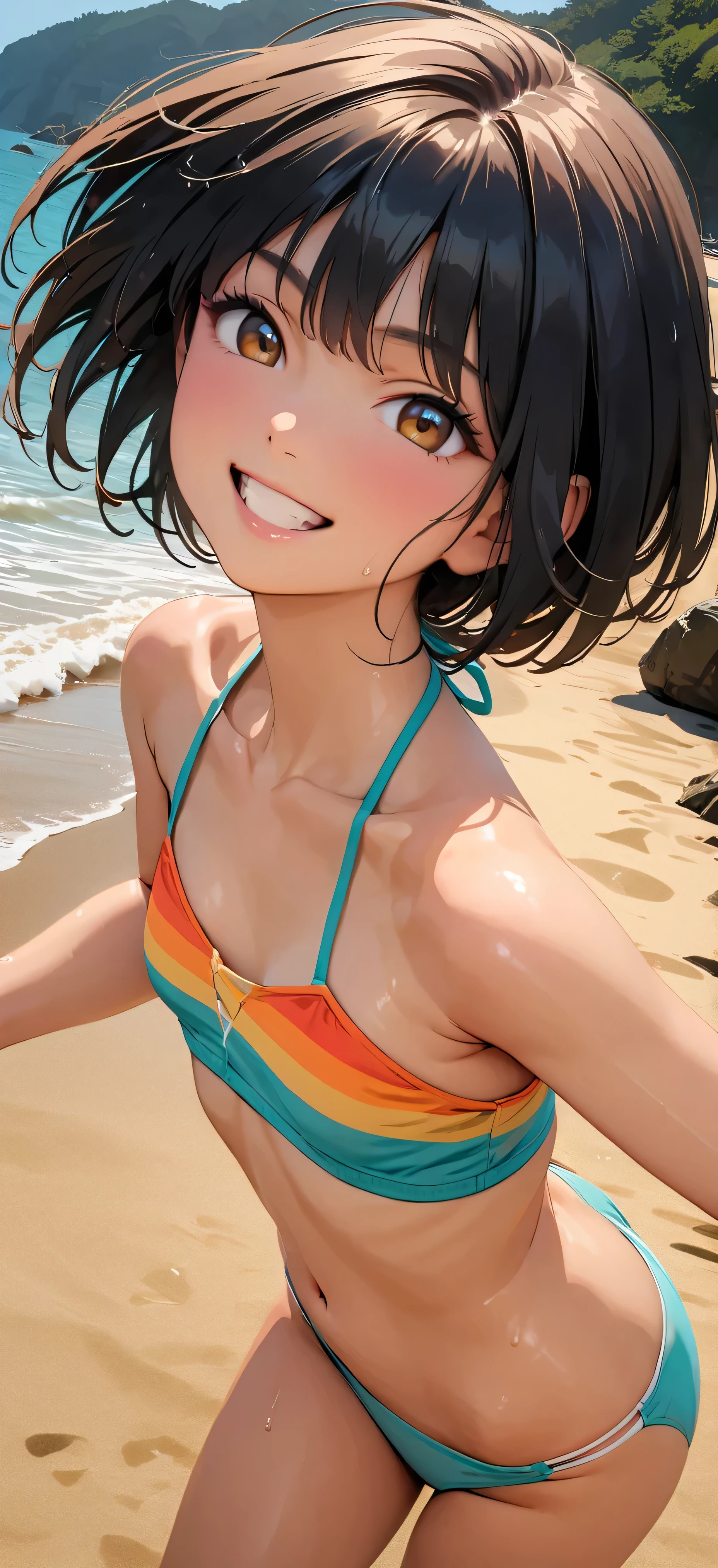 (Highest quality:1.2, Very detailed, Latest, Vibrant, masterpiece:1.2, Highest quality, Best aesthetics), smile, ((Face Up Shot:1.4)), 1980s style, 8K Ultra HD, Background Blur, smile, One Woman, Woman in bikini, Strong sunlight, Seaside, sunny, Summer sunshine, Wet Skin, Flat chest, Sandy Beach, Bobcut, low length, Dynamic Angle, very young, Get excited, Dynamic pose