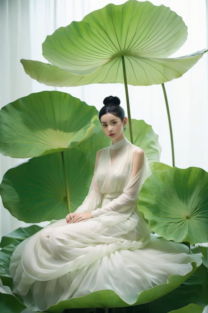 1 Girl，solo，Giant lotus leaf，Black Hair，dress，  
Looking at the audience，White dress，Hair Bun，Sitting，单Hair Bun，
Leaves，Long sleeve，lifelike，photography，Photorealism，