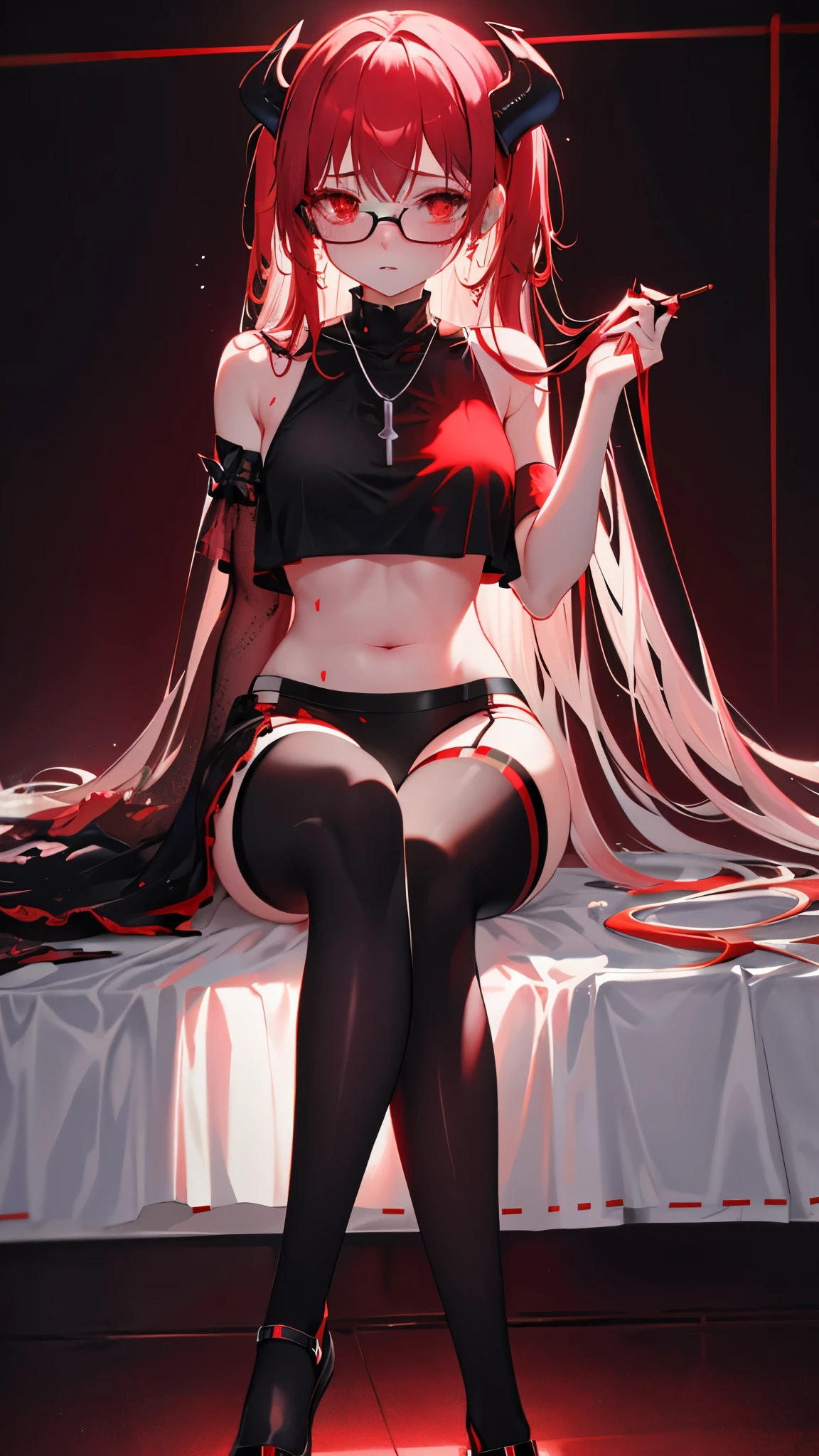 underdressing，Red Eyes，Sweat，Soaked，liquid，transparent，Cropped tops，succubus，black，stocking，Glasses，Sitting，High heel，Open your legs