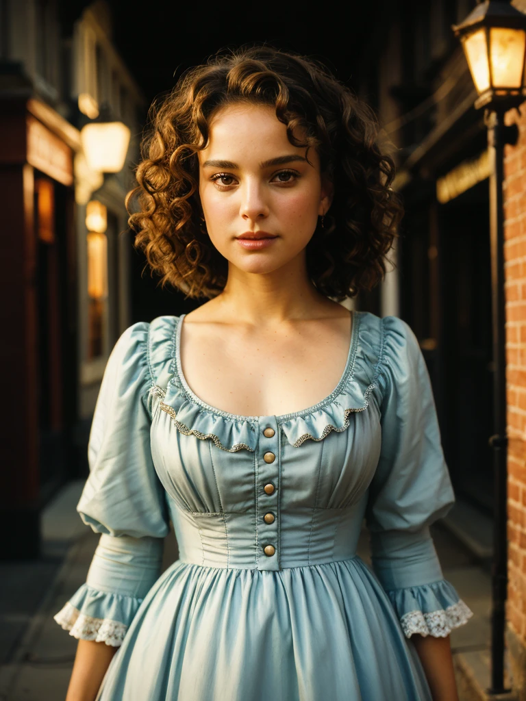 (a closeup of a beautiful  on a 19th century street in a vintage dress), (Serious:0.5), (Highly detailed face:1.4), ass pov, Nikon D850, film stock photograph, 4 Kodak Portra 400, camera f1.6 lens, saturated colors, hyper realistic, lifelike texture, dramatic lighting, Cinestill 800, 19th-century Victorian style, Evening, Vintage lighting, Medium curly hair