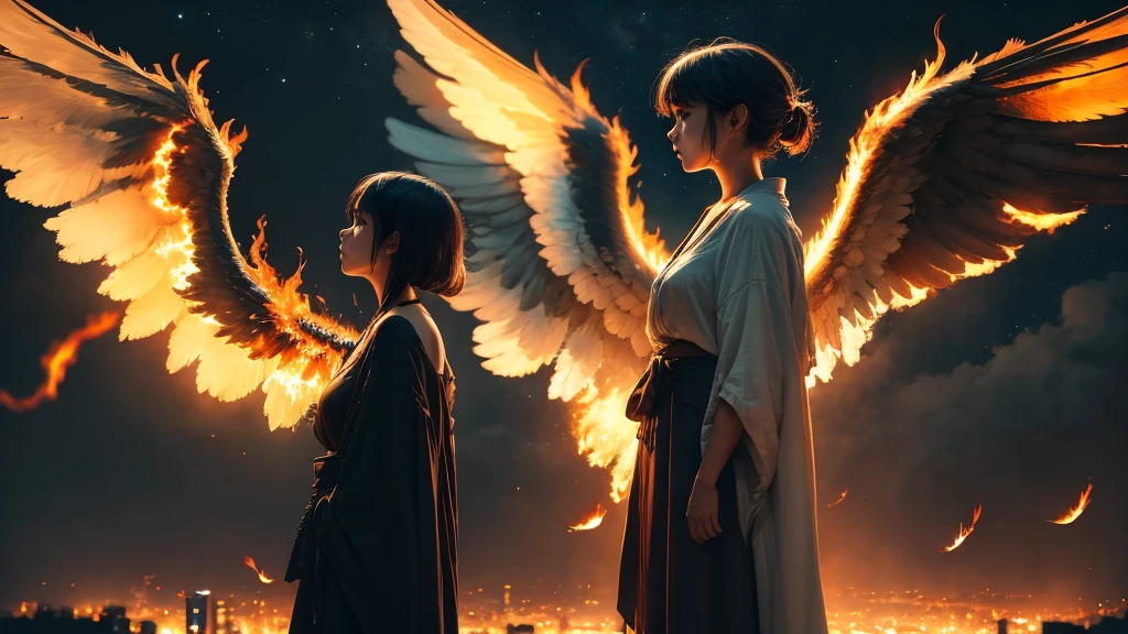 One girl, staring into the distance, nape of the neck, profile, burning eyes, Tokyo Eater, flaming, large wings, night sky background, full body shot