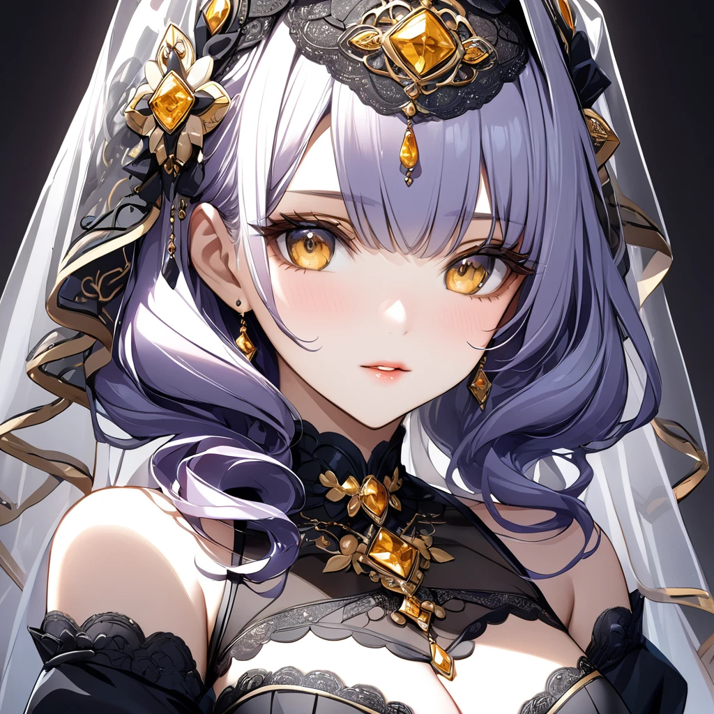 ((Highest quality)), ((masterpiece)), (detailed), （Perfect Face）、Woman is Extia Magica、The woman is wearing a black wedding dress with gorgeous gold embroidery and trim, and a black wedding veil.