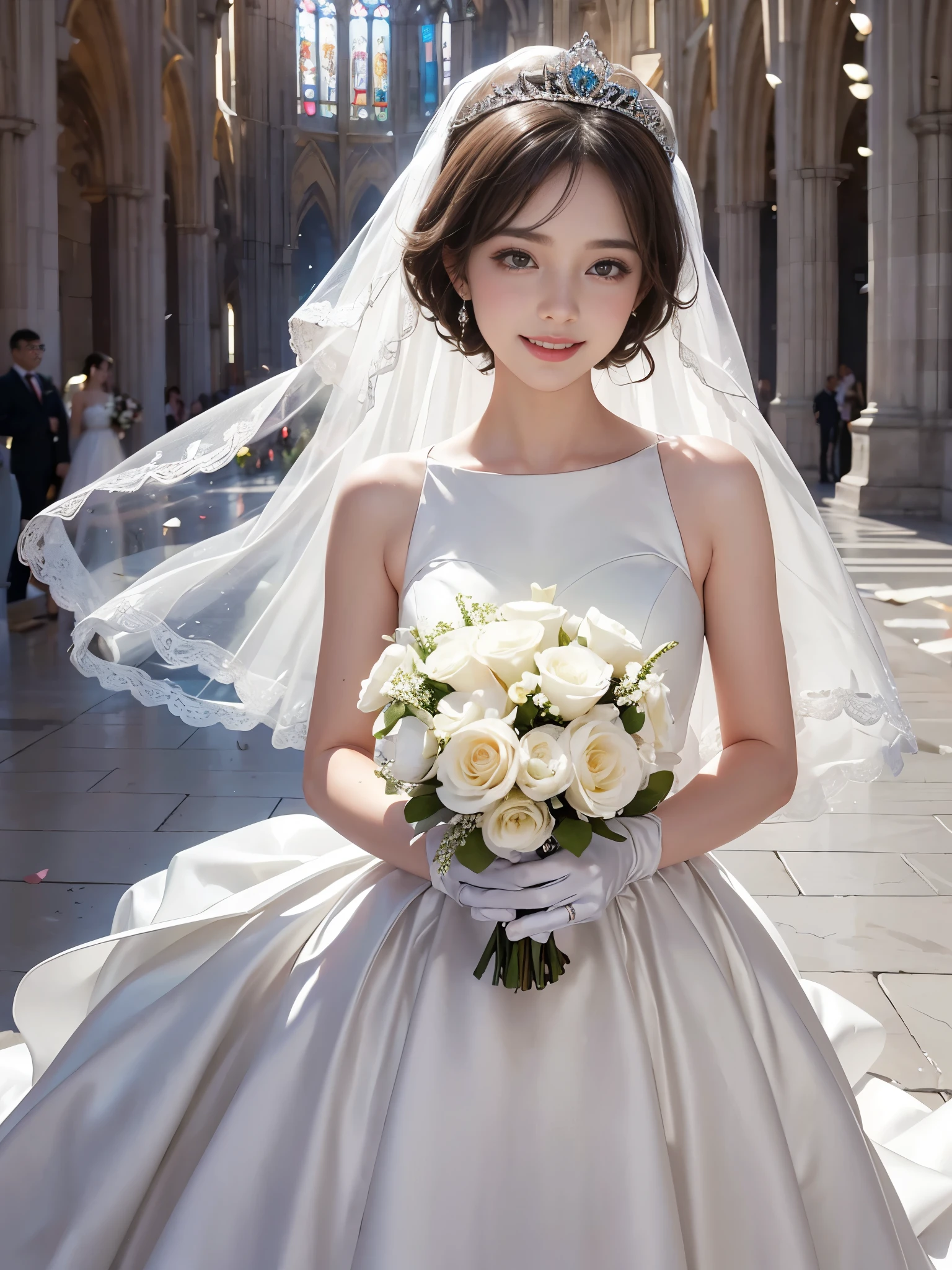 Cowboy Shot、(((smile)))、The wind is blowing、In front of the church、sunny、sunny、Confetti、((Messy Bowl Cut Hair with Bangs))、Black Hair、(((bride)))、((White Wedding Dress))、((Wedding Style))、(((Congratulations on your marriage)))、highest quality,(RAW Photos:1.2)、(Realistic:1.4),(High resolution:1.4), 1 girl, Depth of written border,, Exquisitely crafted,8k, Very detailed, Perfect lighting, Spectacular Background、((Delicate painting))，(女の子の詳細なRAW Photos),(highest quality:1.6), (超High resolution:1.5), (Realistic:1.75), 8k resolution, Canon EOS R5, 50mm,  Very detailed,Cinema Lighting,(((Skirt flip)))、((Not wearing underwear))、Lace gloves