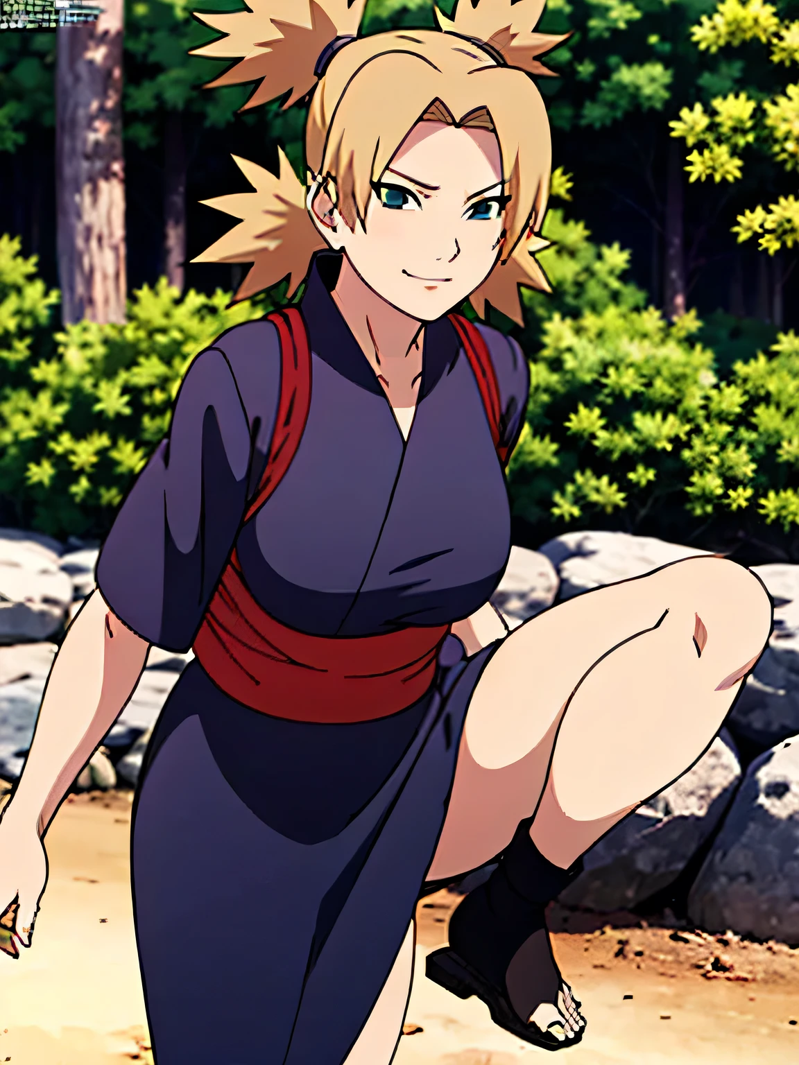 1 woman, ytemari, blonde hair, quad tails, blue eyes, fishnet,((black clothes,black yukata)), sash, line art, laugh, front view, stand,Adjust the skirt, cool colors, Masterpiece, best quality, high definition,Facing straight ,spread your legs,In the forest,smile,Look with arrogant eyes,moderate ,Beautiful ,Grab the shirt,voluptuous,walk,In the village