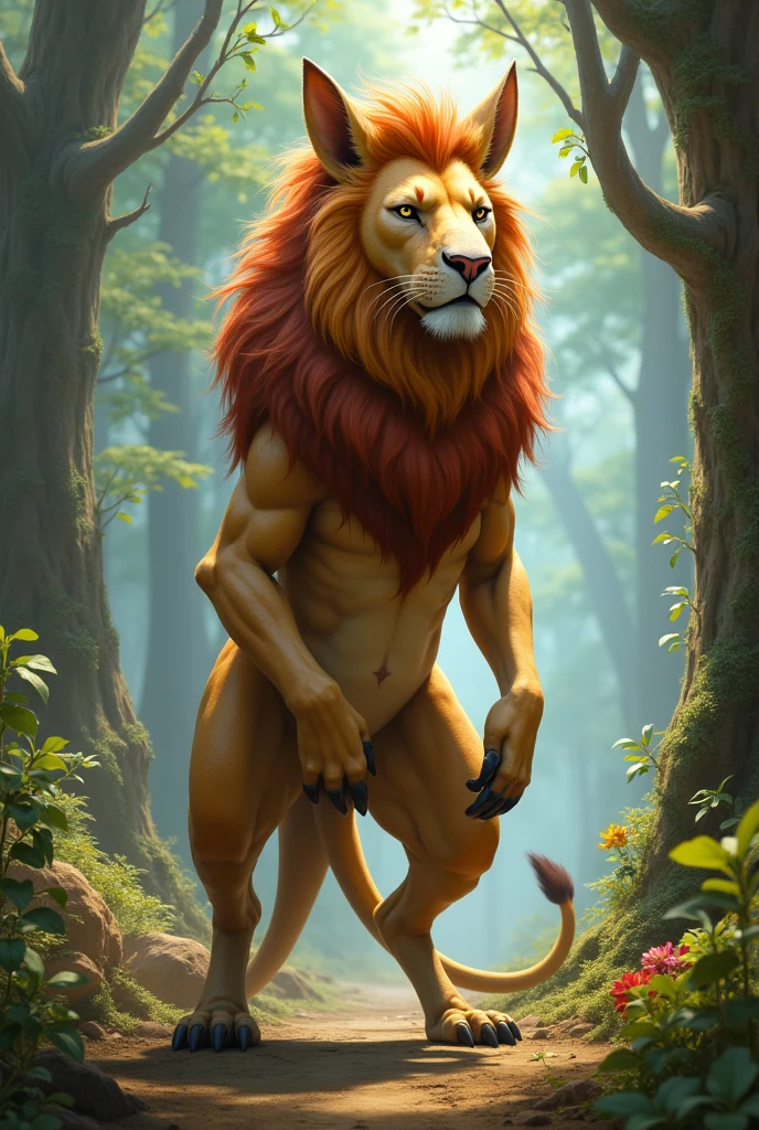 ultra-detailed, masterpiece, masterwork, high quality, best quality, hdr, (nature), nsfw, male, solo, lion, ((nude)), (little body lion), (long silver hair, yellow eyes), sitting, dynamic angle, (foreskin, perfect balls)