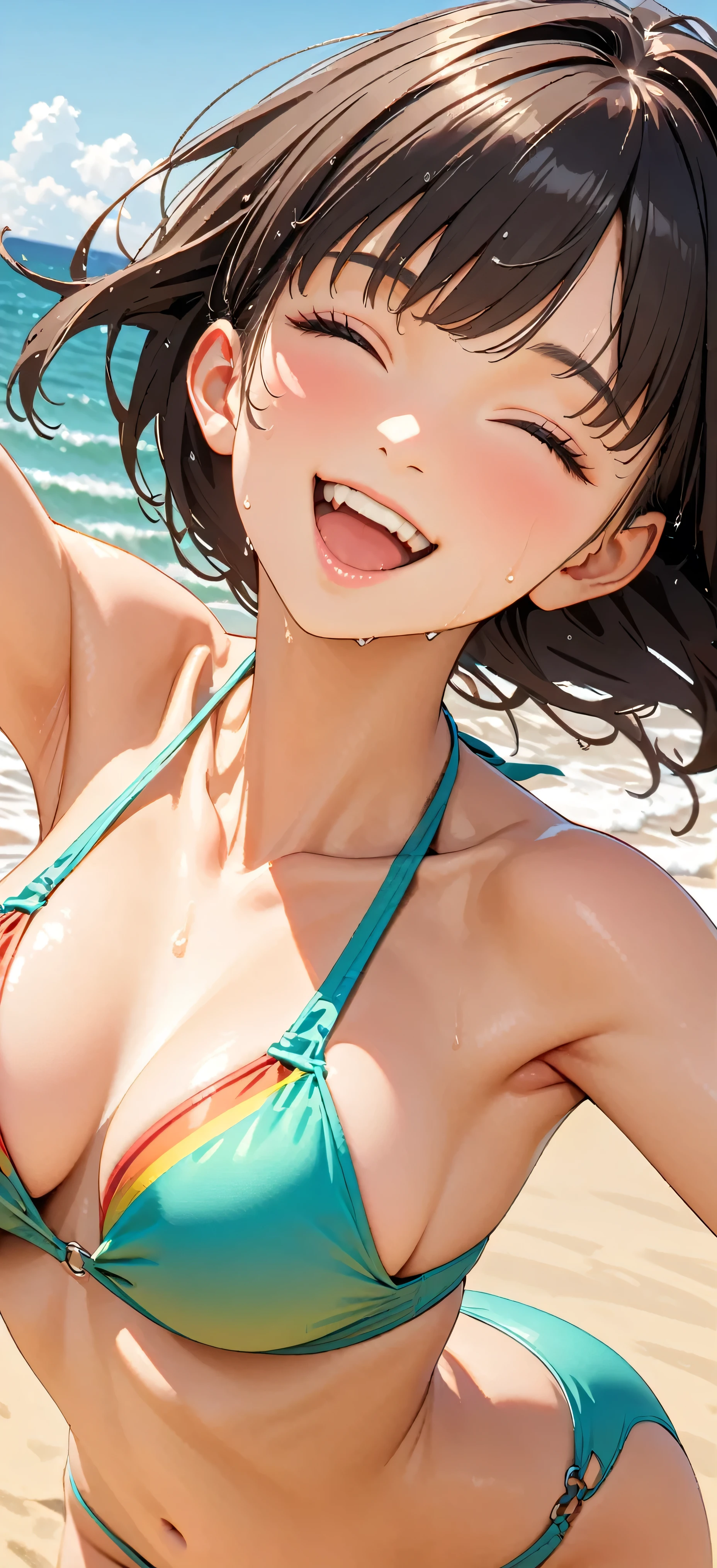 (Highest quality:1.2, Very detailed, Latest, Vibrant, masterpiece:1.2, Highest quality, Best aesthetics), smile, ((Face Up Shot:1.4)), 1980s style, 8K Ultra HD, Background Blur, smile, One Woman, Woman in bikini, Strong sunlight, Seaside, sunny, Summer sunshine, Wet Skin, Sandy Beach, Dynamic Angle, Get excited, Dynamic pose