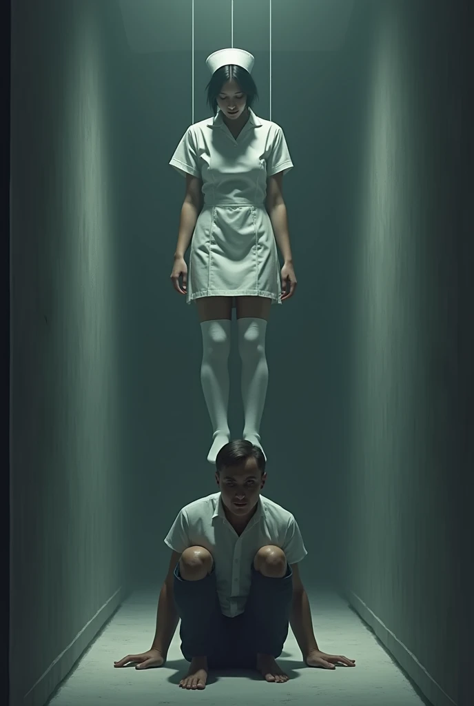 Nurse scene in white thigh high socks, hanged, thòng lọng, hovering in the air , The chair fell at the nurse's feet., man sitting on the ground