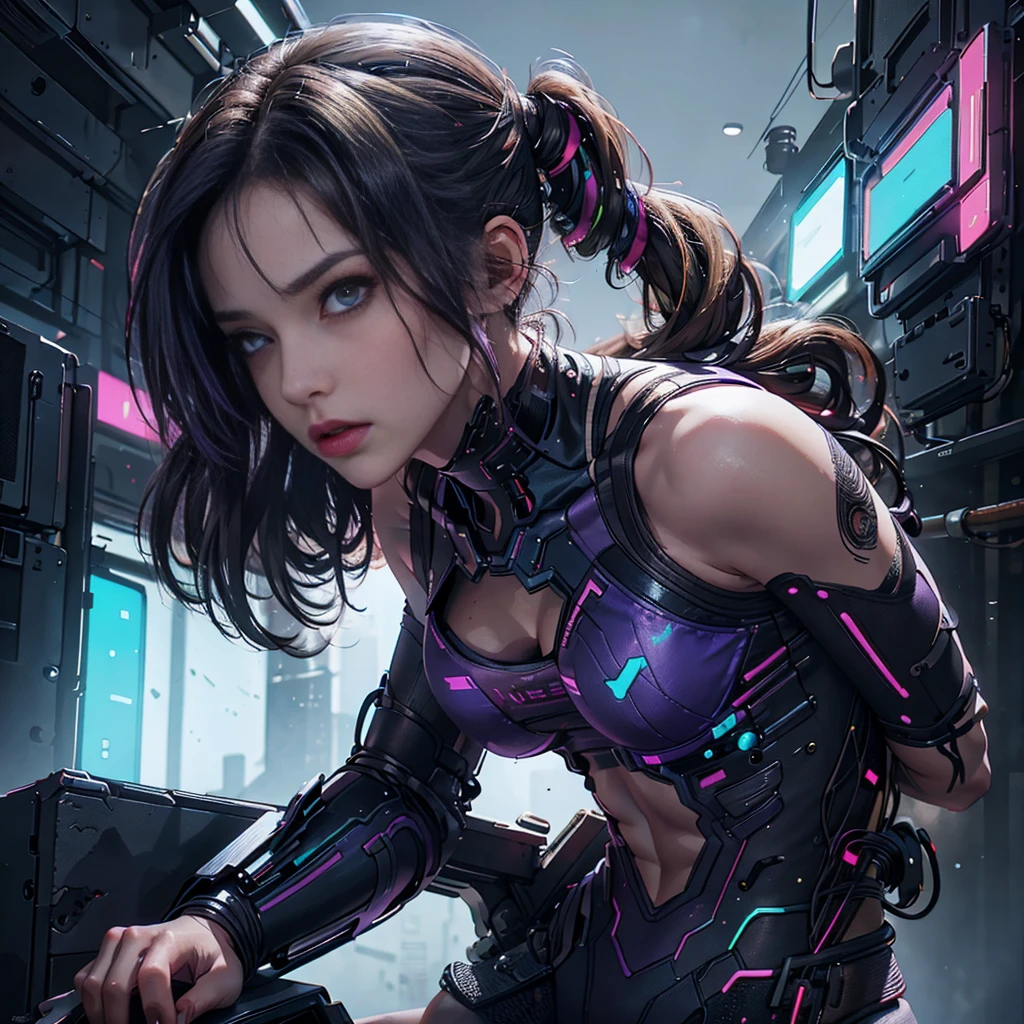 (masterpiece, best quality:1.4), (beautiful, aesthetic, perfect, delicate, intricate:1.2), <lora:more_details:0.75>, <lora:sharpen-soften:-0.25>, <lora:realistic:0.25>,
1 girl, adult (elven:0.7) woman,  purple eyes, medium brown straight hair,  
<lora:GoodHands-beta2:0.8>,
Style-GravityMagic, portrait, solo, (full body:0.6), looking at viewer, detailed background, detailed face, (<lora:ShinobiTech:0.6>, bulky metal, cyberpunk, neon lights, shinobi, shinobitech theme:1.1)  star wizard, star sign,  calm composure, benign, pisces,  geometric symbolism, interstellar energy, nebula,  glow,  shine,    backlighting, cosmic space background,  esoteric atmosphere,