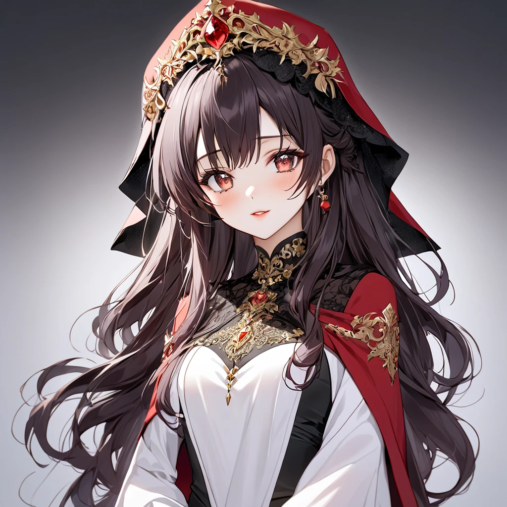 ((Highest quality)), ((masterpiece)), (detailed), （Perfect Face）、The woman is the princess of Moonbrooke and wears a white robe and a red hooded cloak.、She is a demon priestess、The woman is wearing a black wedding dress with gorgeous gold embroidery and trim, and a black wedding veil.