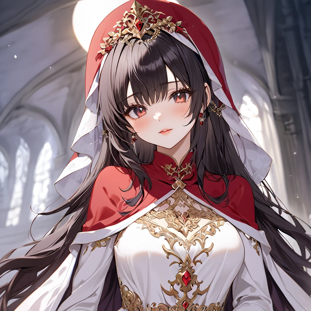 ((Highest quality)), ((masterpiece)), (detailed), （Perfect Face）、The woman is the princess of Moonbrooke and wears a white robe and a red hooded cloak.、She is a demon priestess、The woman is wearing a black wedding dress with gorgeous gold embroidery and trim, and a black wedding veil.