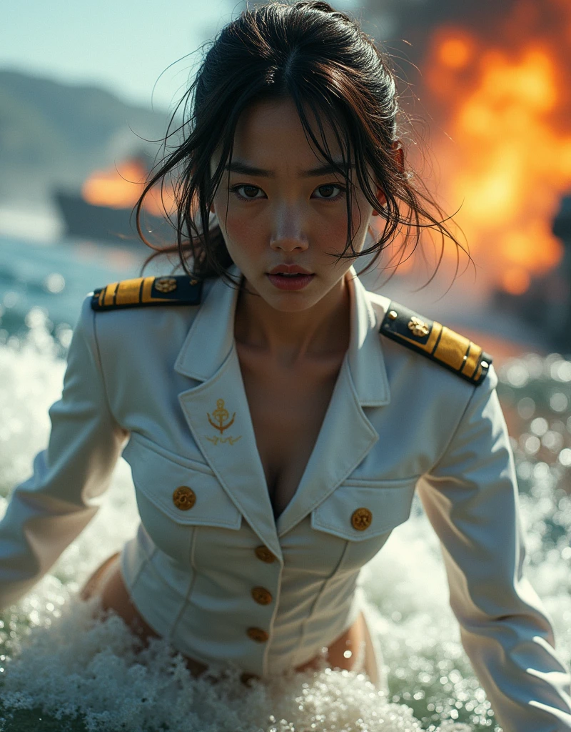 Ultra realistic 16K CG, masterpiece, Best Composition, Photo quality, work of art, Against the backdrop of an imperial star cruiser taking off, Detailed Imperial Star Super Dreadnought , side view, high detail, Lots of elements, flying transports, flying cargo ships, cranes, Manipulators. Sun rays, on the sides there are many detailed artillery batteries, radar emitters, space communications antennas, The Distant Future, naked girl stands on the shore of a cliff, body is dripping wet, Detailed vagina, Face detailing, detailed chest, water drops, transparent tank tops, wet T-shirt