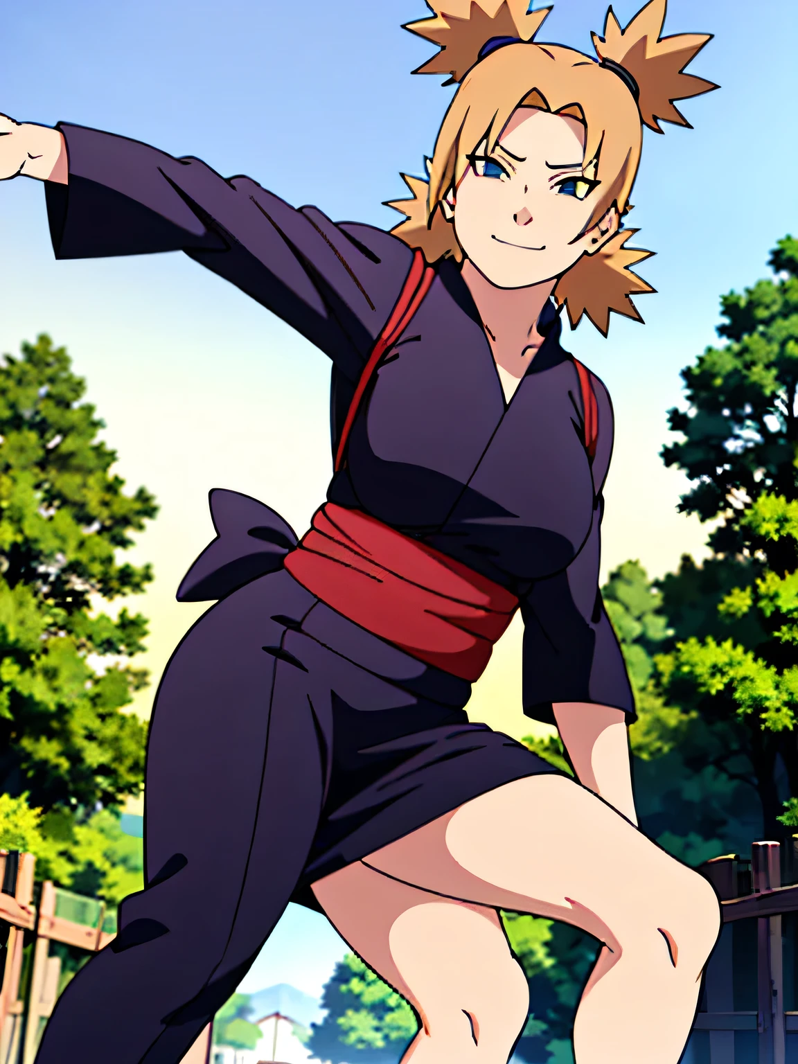 1 woman, ytemari, blonde hair, quad tails, blue eyes, fishnet,((black clothes,black yukata)), sash, line art, laugh, front view, stand,Adjust the skirt, cool colors, Masterpiece, best quality, high definition,Facing straight ,spread your legs,In the forest,smile,Look with arrogant eyes,moderate ,Beautiful ,Grab the shirt,voluptuous,walk,In the village