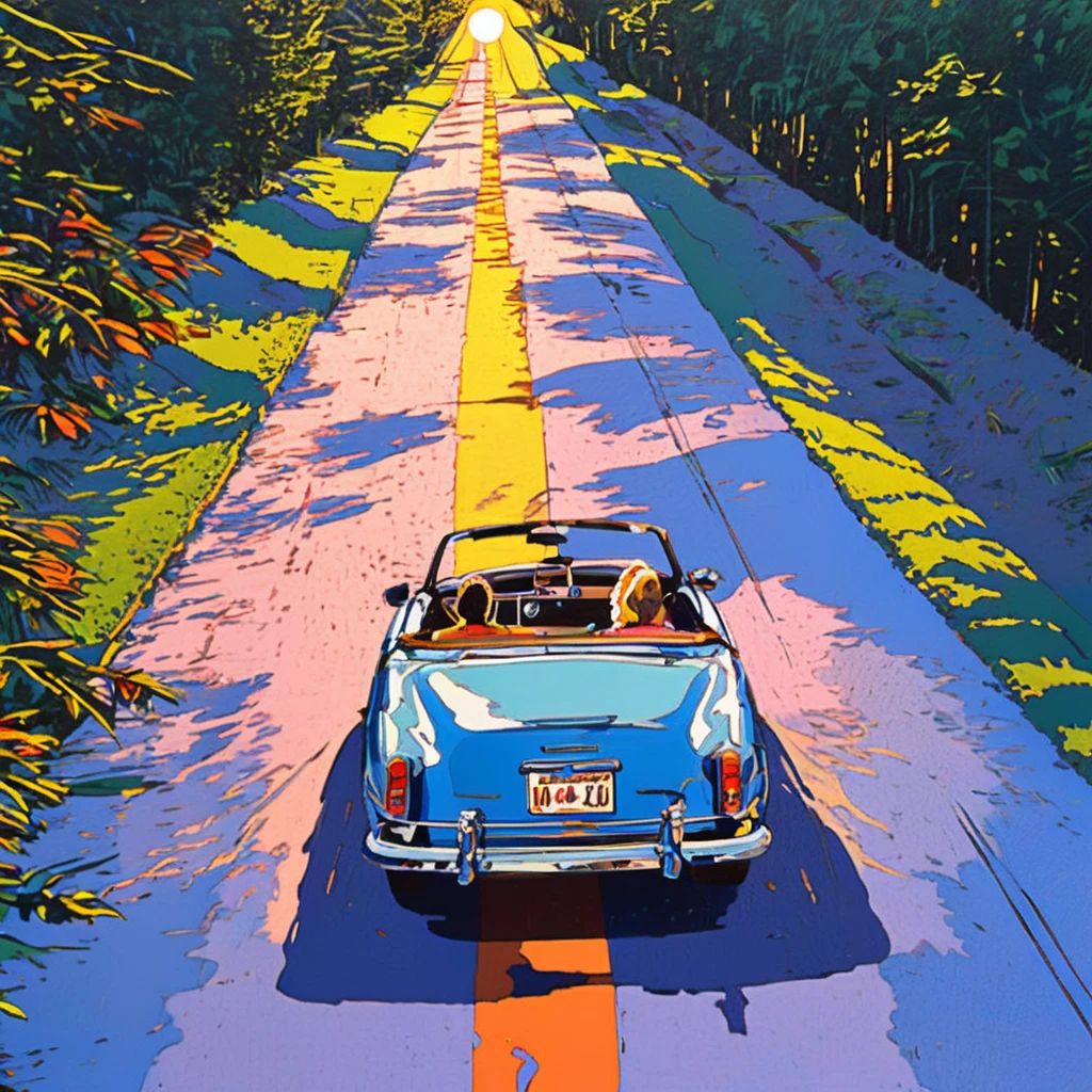 pop art style painting, The sun goes down, Rear view of a carefree woman cruising in a convertible on a wide wilderness road, Drone camera shot from above at sunset, Illustration style of EIZIN SUZUKI, Hiroshi Nagai,