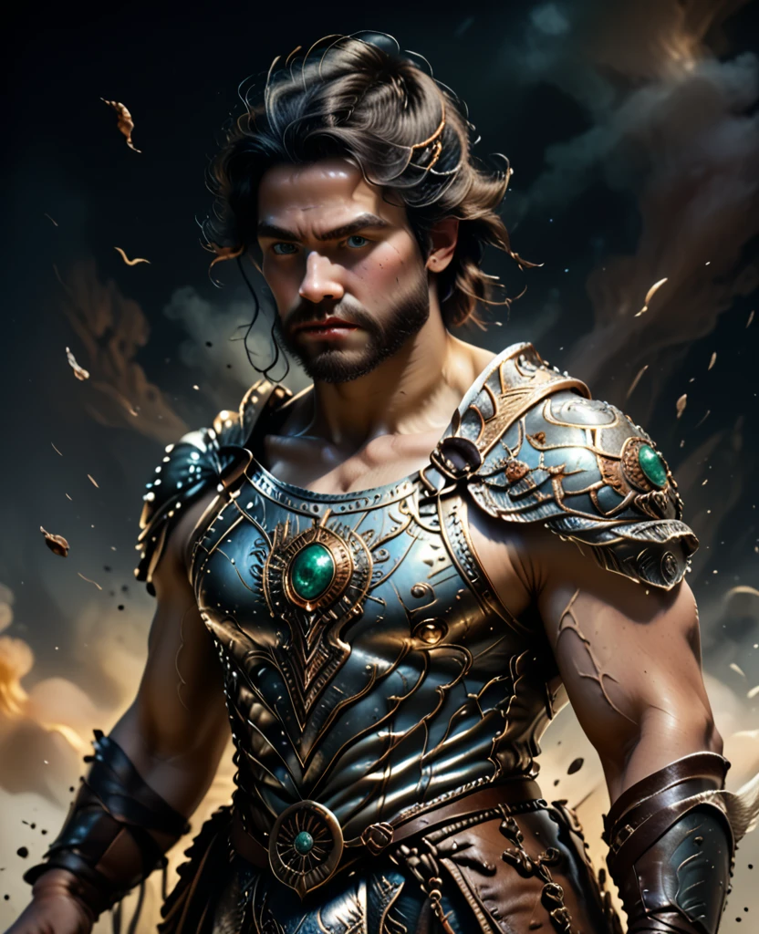 masterpiece, high quality, best quality, beautiful, hd, realistic, perfect lighting, detailed face, detailed body, 1 man, solo, black hair, green eyes, long black beard, brown and worn leather clothing gladiator style: 1.4), leather breastplate, 1 wooden spear in hands, war battle background, gladiator style, muscular men, robust, angry look,  