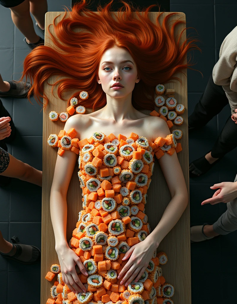 on a luxurious dining table.An extremely beautiful model lies on her back.The chest and between the legs are covered with sashimi.Like a human body feast.