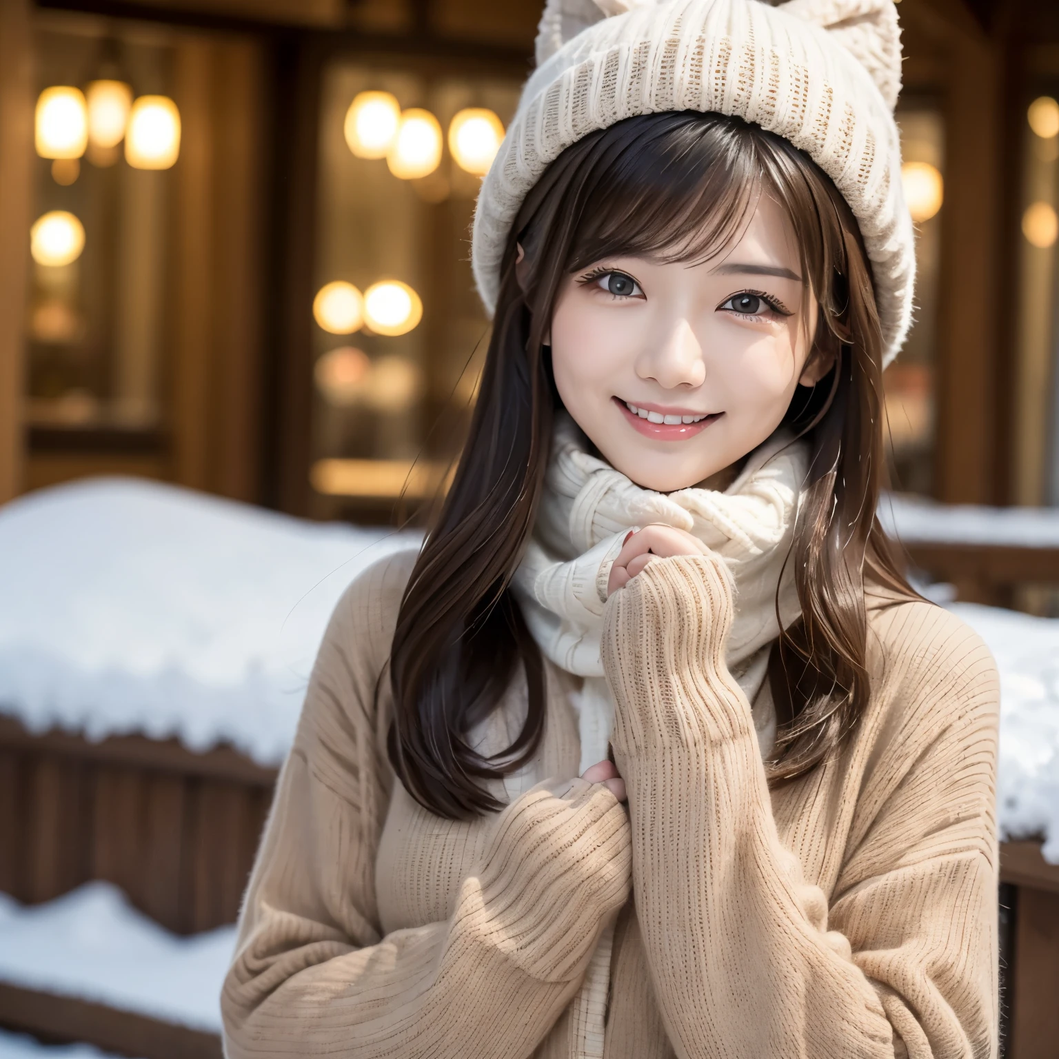 ((Highest quality)), ((masterpiece)), (detailed), ((Highest quality))、8k、High resolution、 Japanese、Age 35、woman、Cute cat hat、smile、At the theme park、Warm outerwear、The season is winter.、Snow Scene、Mitten gloves、