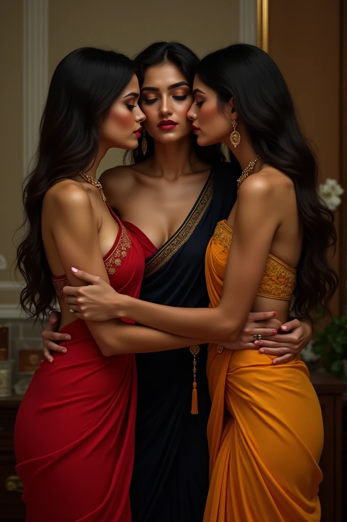 5 young man lyimg bed with a 4 medium chubby indian women in black saree