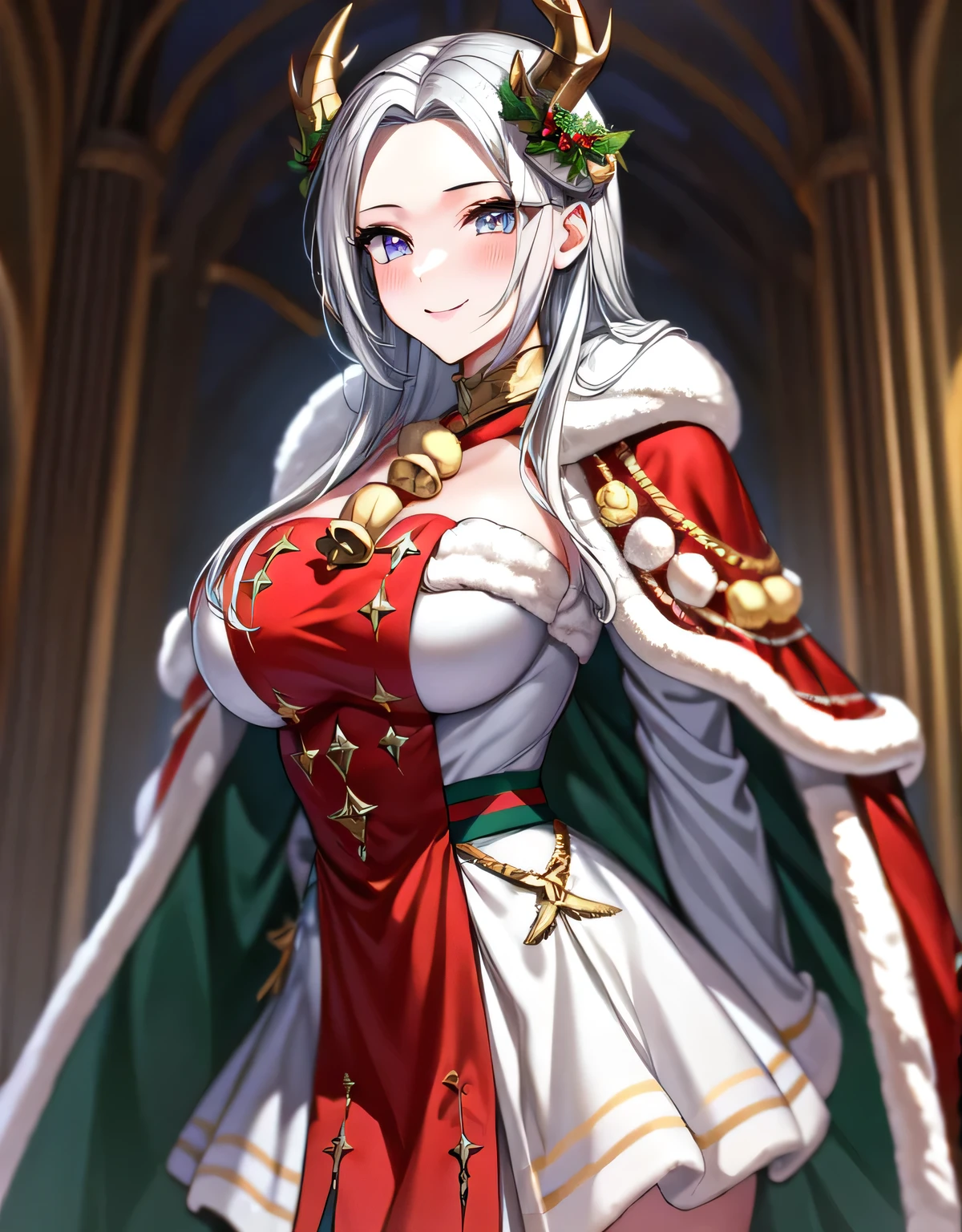 xmasEdelgard, hair ornament, horns,white dress,red cape,fur trim,neck bell,christmas,(large breasts:1.55),(shiny,hair),((solo)),((masterpiece)),((best quality)),perfect anatomy,slim waist,perfect image,8k UHD,(beautiful detailed eyes:1.5),extremely detailed face,standing,(upper body:1.25),(look at the front:1.5),(arms behindback:1.15),ultra-detailed,absurdres,ultra-highres,indoor hall,light smile,silver hair,lips,(thigh high:0.7),blush,