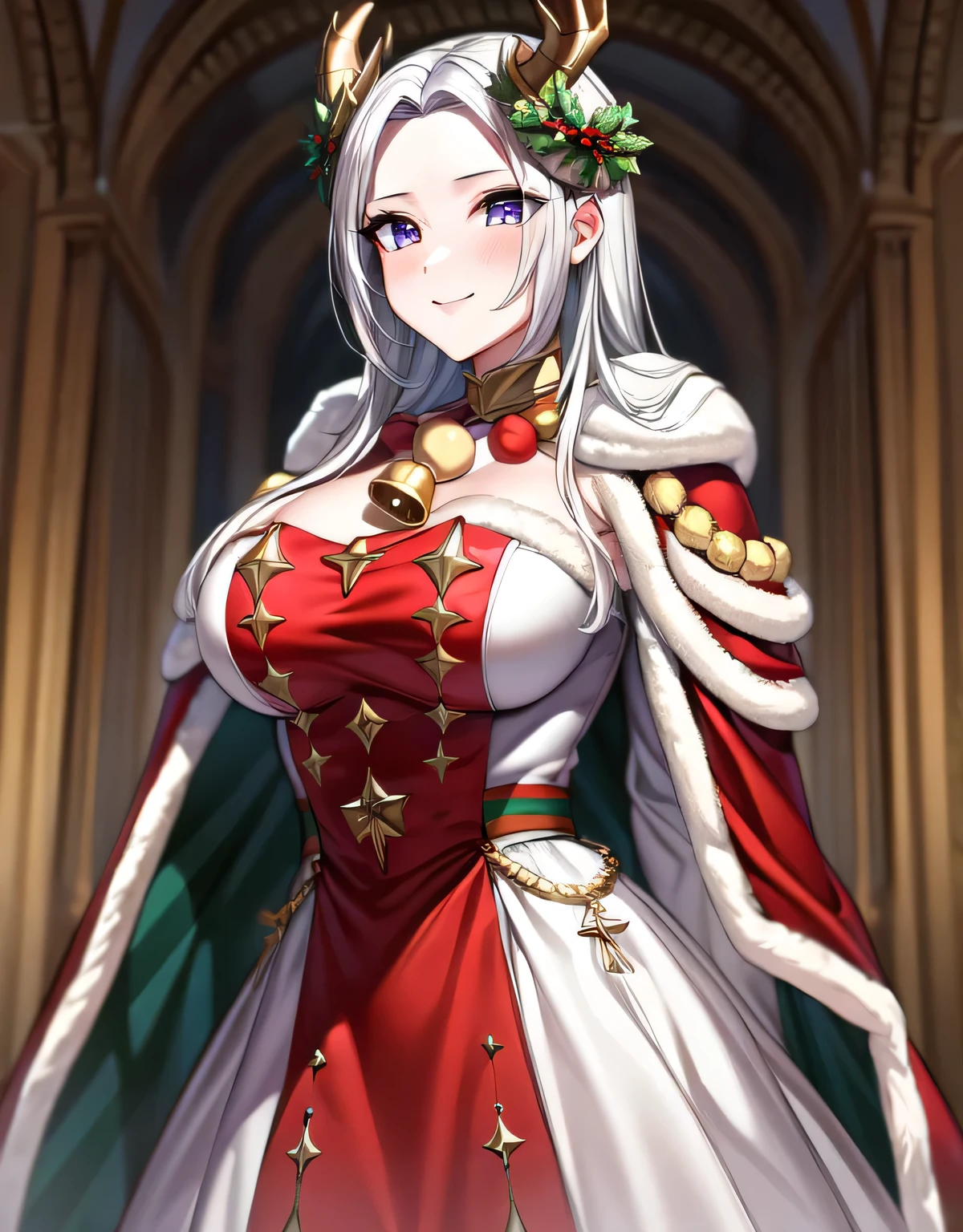 xmasEdelgard, hair ornament, horns,white dress,red cape,fur trim,neck bell,christmas,(large breasts:1.55),(shiny,hair),((solo)),((masterpiece)),((best quality)),perfect anatomy,slim waist,perfect image,8k UHD,(beautiful detailed eyes:1.5),extremely detailed face,standing,(upper body:1.25),(look at the front:1.5),(arms behindback:1.15),ultra-detailed,absurdres,ultra-highres,indoor hall,light smile,silver hair,lips,(thigh high:0.7),blush,