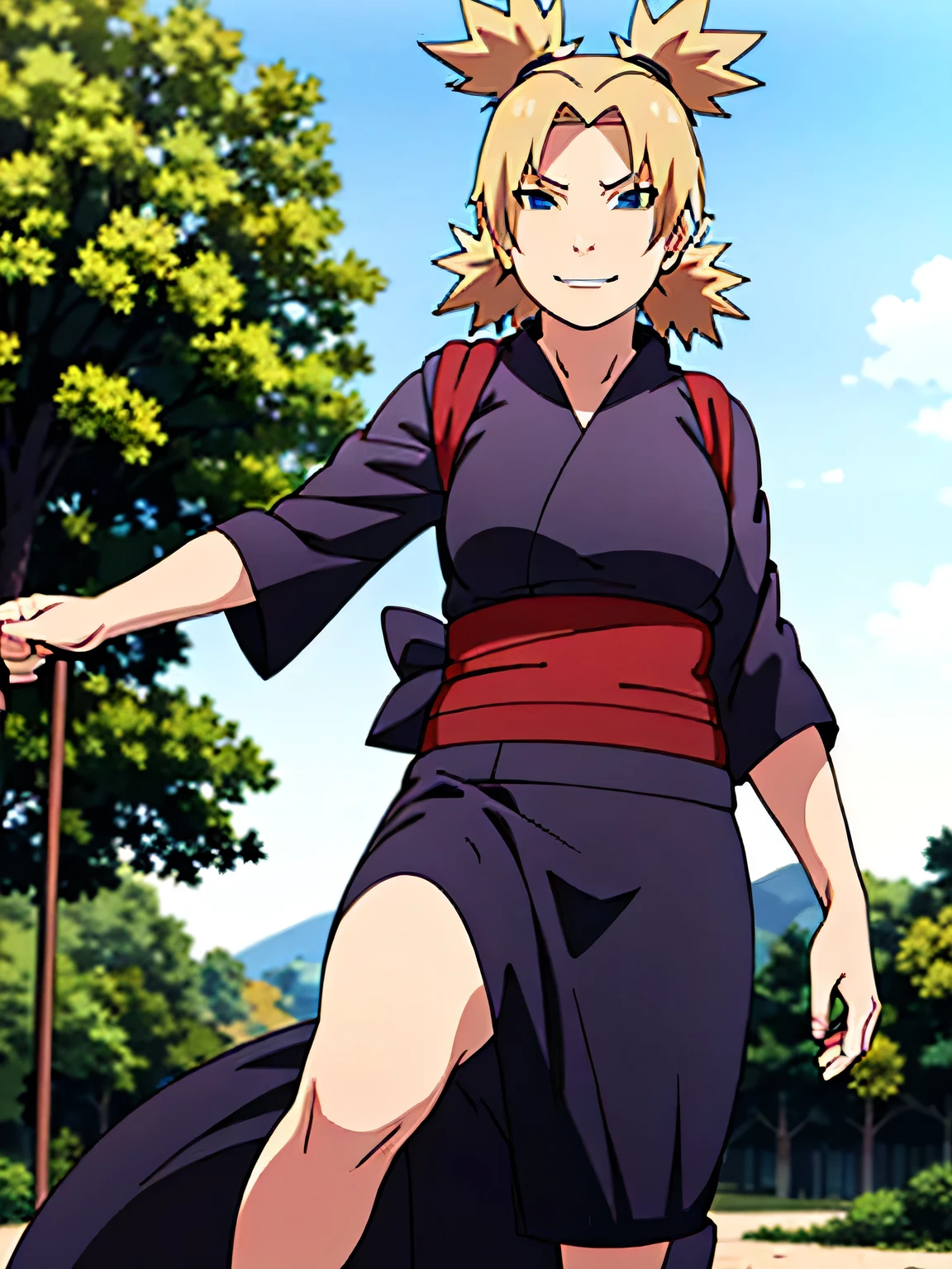 1 woman, ytemari, blonde hair, quad tails, blue eyes, fishnet,((black clothes,black yukata)), sash, line art, laugh, front view, stand,Adjust the skirt, cool colors, Masterpiece, best quality, high definition,Facing straight ,spread your legs,In the forest,smile,Look with arrogant eyes,moderate ,Beautiful ,Grab the shirt,walk,In the village