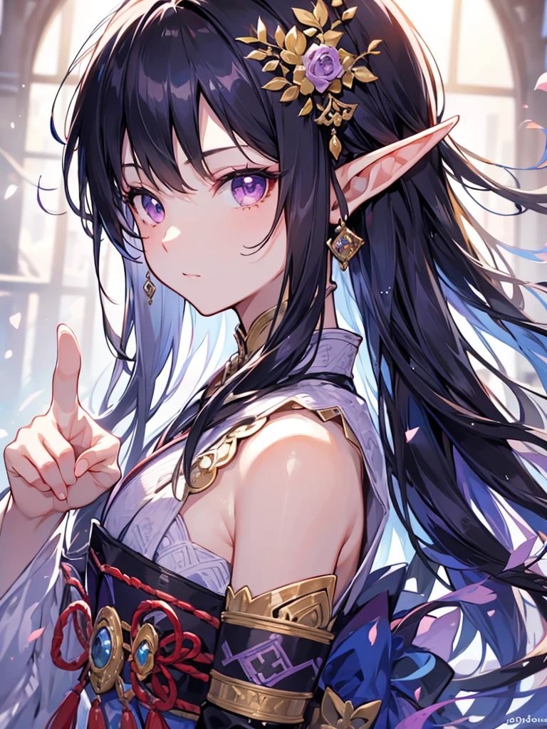 masterpiece, best quality, 1girl, ultra detailed, ultra highres, well-definded facial features, anatomically correct, cute girl, long pointy ears, elf, nice face,black hair, purple eyes, pointing, samurai, classicism,