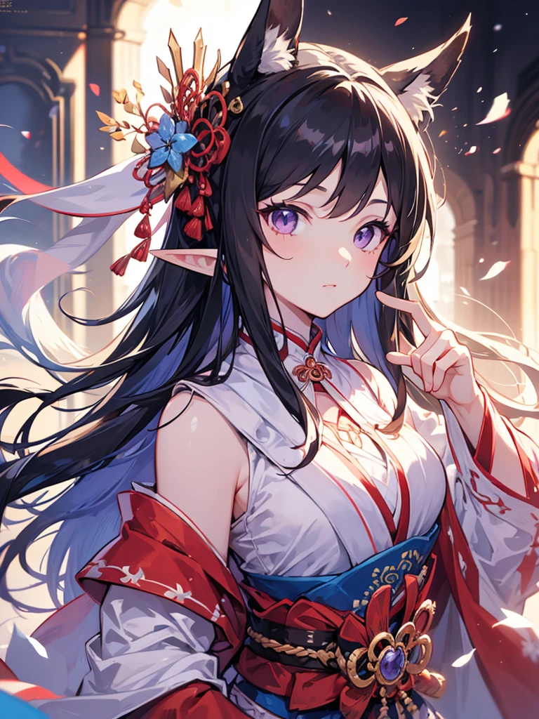 masterpiece, best quality, 1girl, ultra detailed, ultra highres, well-definded facial features, anatomically correct, cute girl, long pointy ears, elf, nice face,black hair, purple eyes, pointing, samurai, classicism,