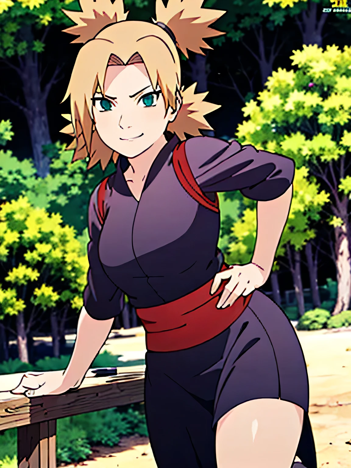 1 woman, ytemari, blonde hair, quad tails, blue eyes, fishnet,((black clothes,black yukata)), sash, line art, laugh, front view, stand,Adjust the skirt, cool colors, Masterpiece, best quality, high definition,Facing straight ,spread your legs,In the forest,smile,Look with arrogant eyes,moderate ,Beautiful ,Grab the shirt,walk,In the village