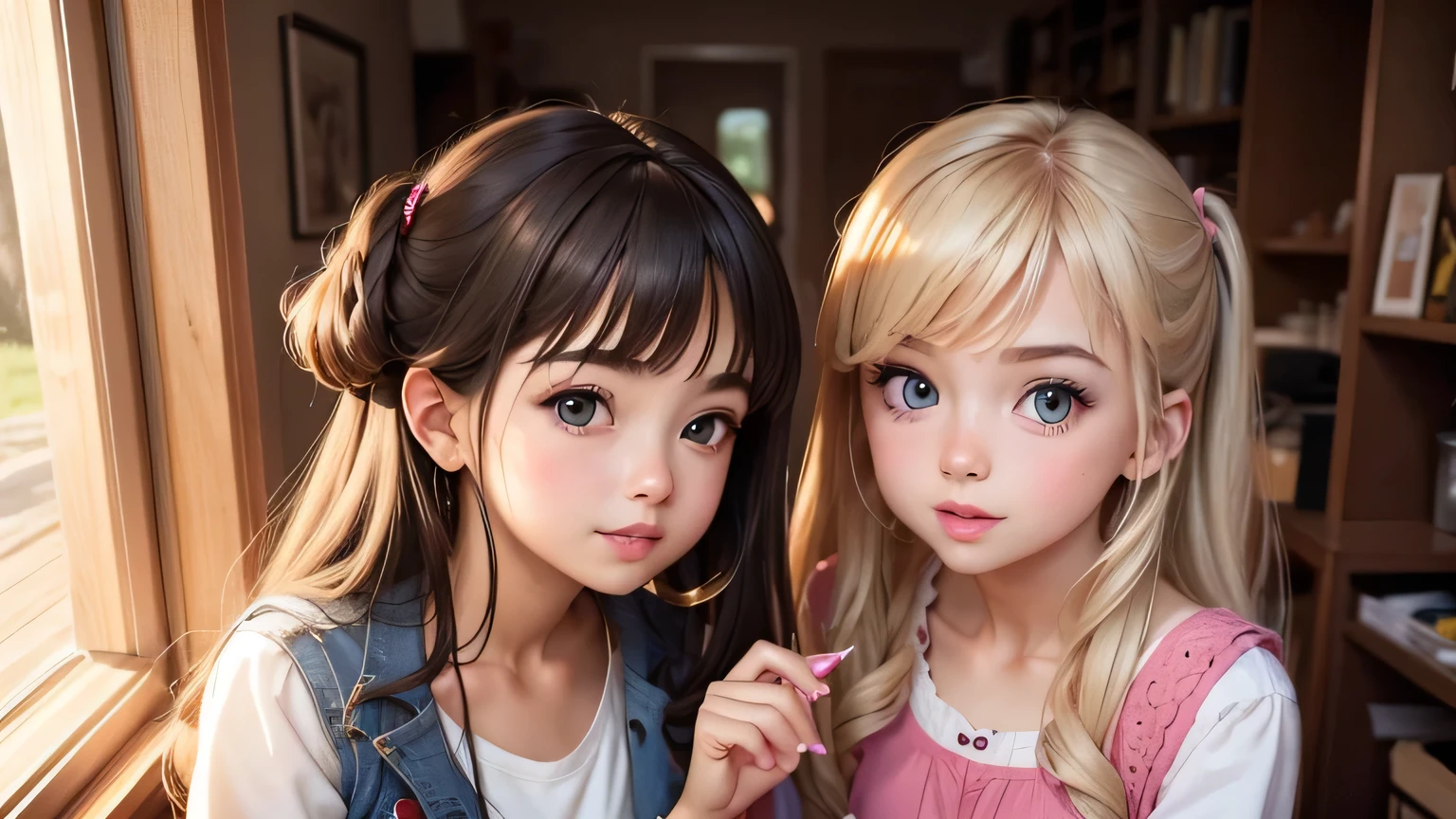 twin brothers, um sendo uma e o outro um meninonino tem ccastanho e olhos com heterocromia (verde e azul) and the girl too, But she has long hair and a blue bow. os dois tem por volta dos 4 anos de idade. --auto