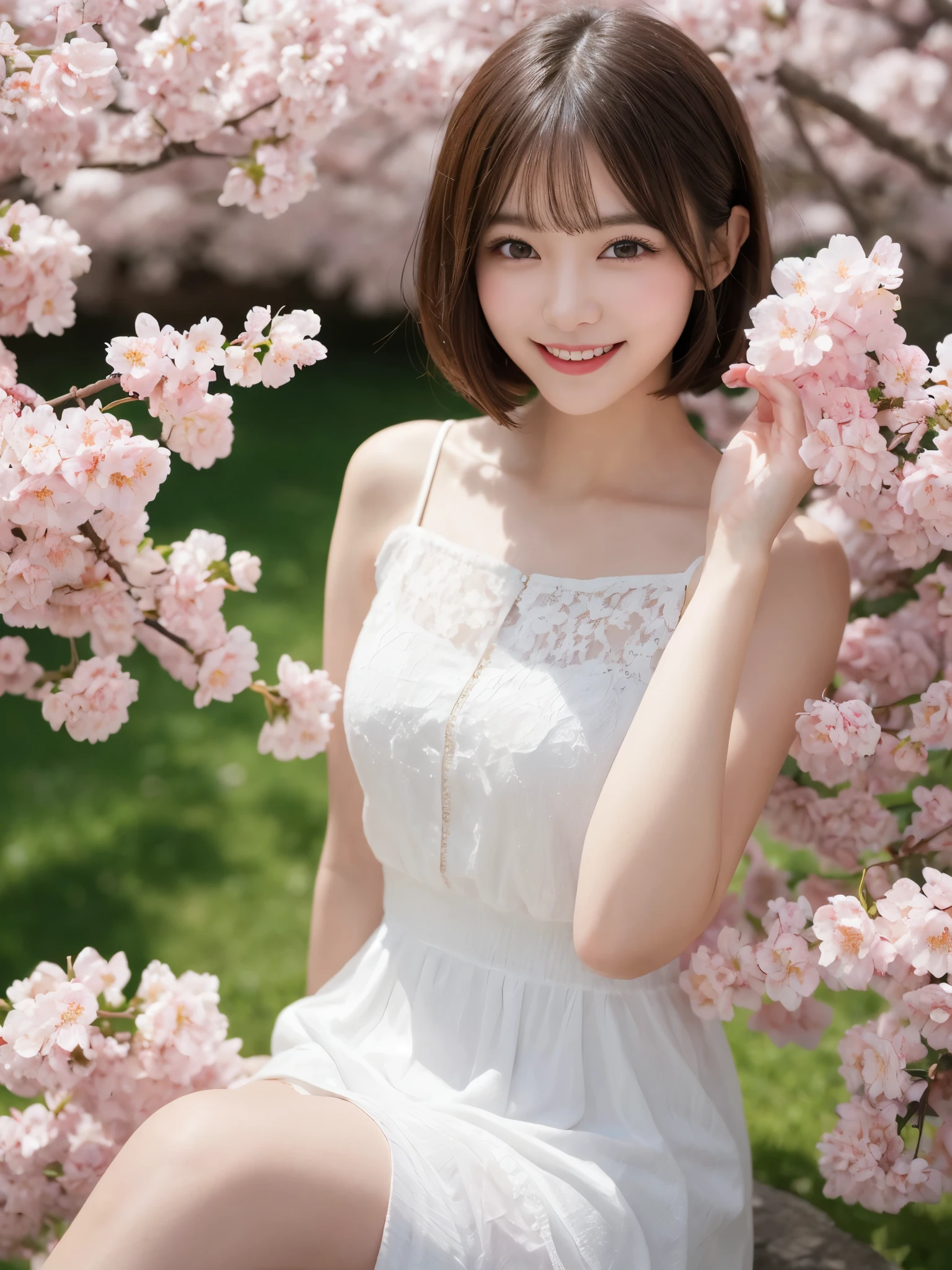masterpiece, highest quality, 8K, 1 girl, (17 years old), teenager, smile, alone, (Super cute idol-like face:1.2), delicate girl, black hair, middle bob hair, straight hair, bangs, looking at the viewer, Frank, Sophisticated, professional lighting, film grain, whole body, beautiful figure, In the background, there are yellow rapeseed fields and rows of cherry blossom trees., (floral dress:1.2), small breasts, sitting on the bench,