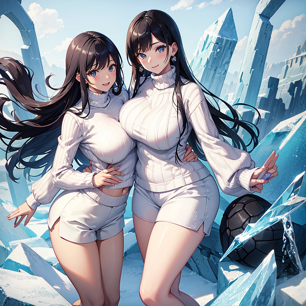 Girl with tan skin with big breast and dark hair thats wavy sitting by a snowy mountain