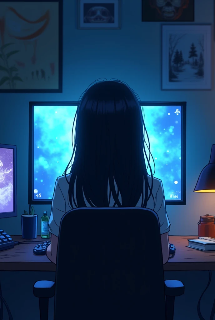 there is a girl sitting on a bed in a room playing video games, big television, teen room with books, cyberpunk, inspired by Liam Wong, at night, dark room, lo-fi illustration style, gamer room, studying in the room, cyril rolling over and m.w kaluta, teen room.