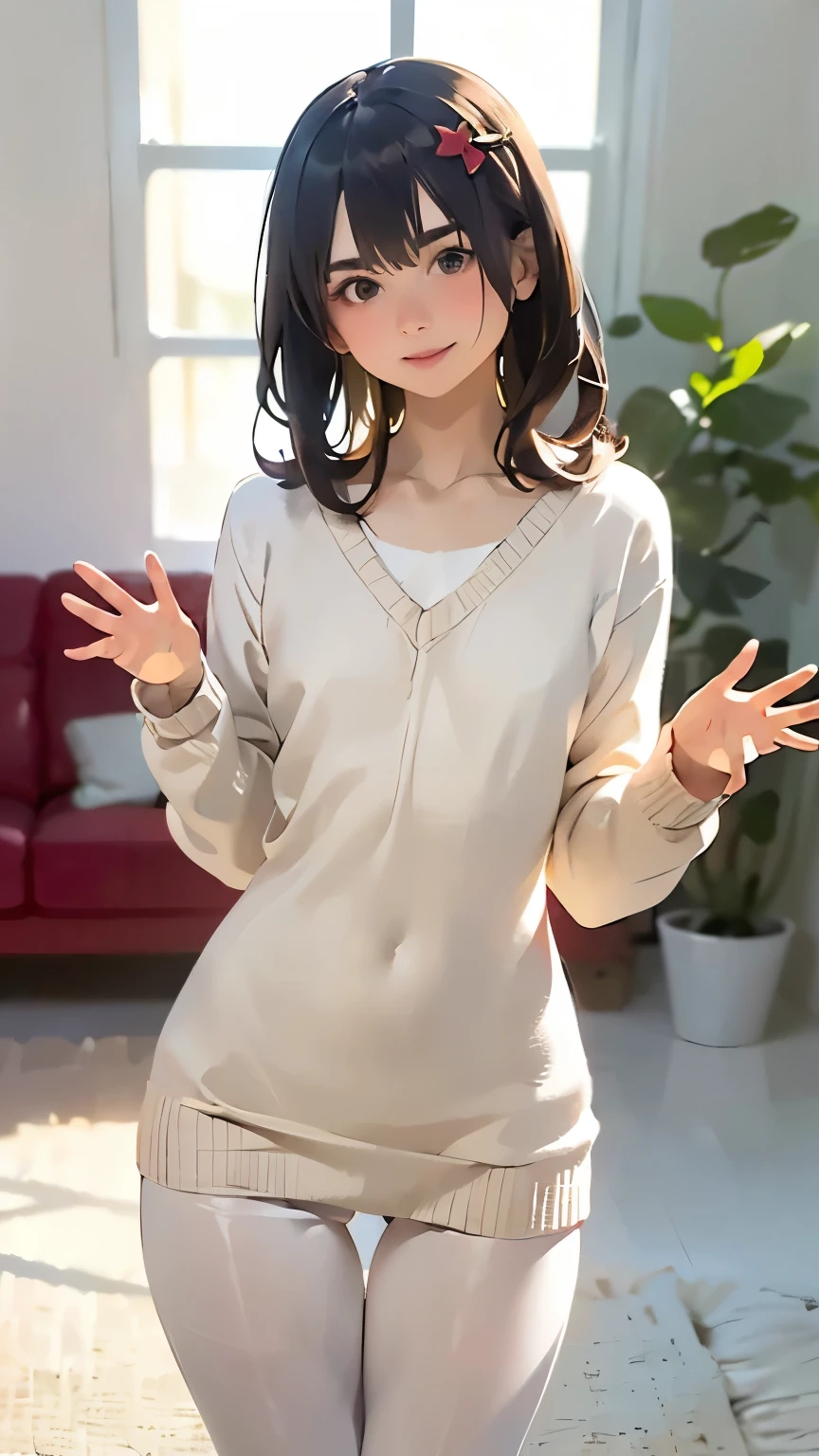 1 Woman Standing, (Oversized sweater、Long knitwear、Beige knit)、 V-neck, Immature woman, big red ribbon hair ornament,/(Brown Hair/) bangs, blush, (Top quality masterpiece:1.2) Delicate illustrations, Very detailed, Pantyhose tearing /(Modern house living room/) indoor, (((Sexy pose))), (((small))), (((Thigh Gap)))