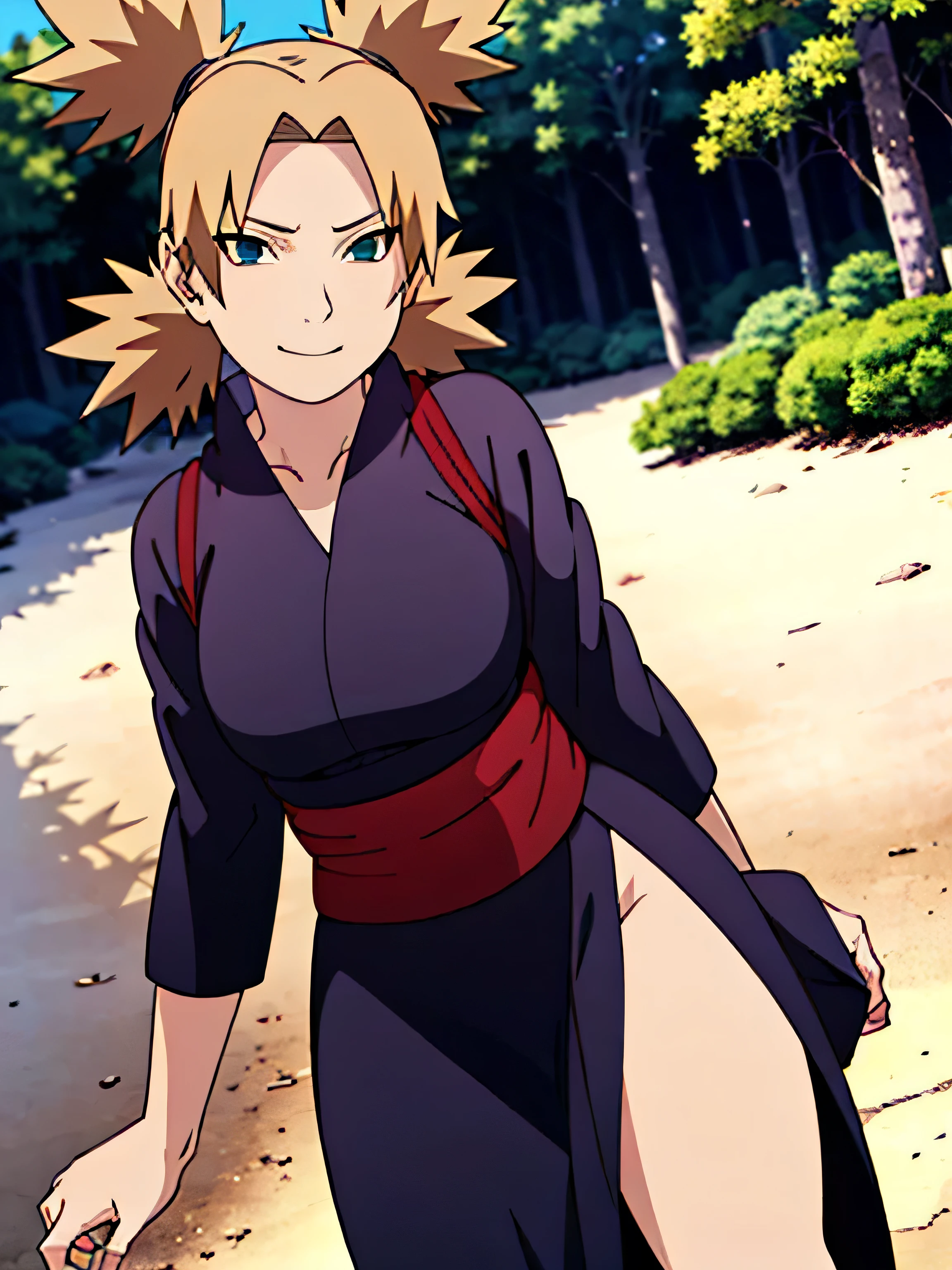 1 woman, ytemari, blonde hair, quad tails, blue eyes, fishnet,((black clothes,black yukata)), sash, line art, laugh, front view, stand,Adjust the skirt, cool colors, Masterpiece, best quality, high definition,Facing straight ,spread your legs,In the forest,smile,Look with arrogant eyes,moderate ,Beautiful ,Grab the shirt,walk,In the village