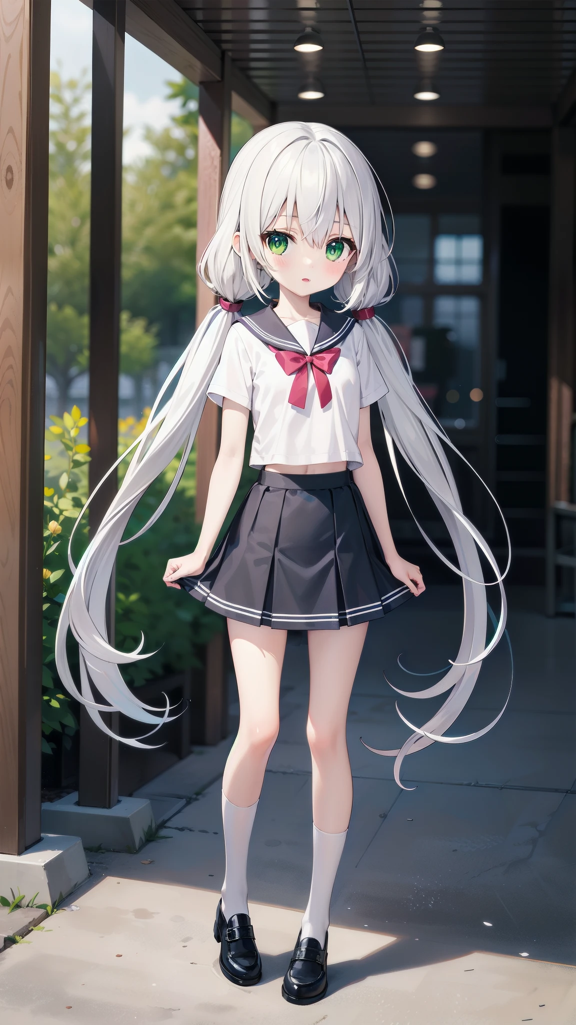 (((masterpiece))), best quality, illustration, (teenage girl), 1girl with white long hair, beautiful detailed green eyes, white long straight hair, ((low twintails)), ((cute)), (petite), slim, solo, solo focus, shirt, skirt, full body, 、Small head, small face