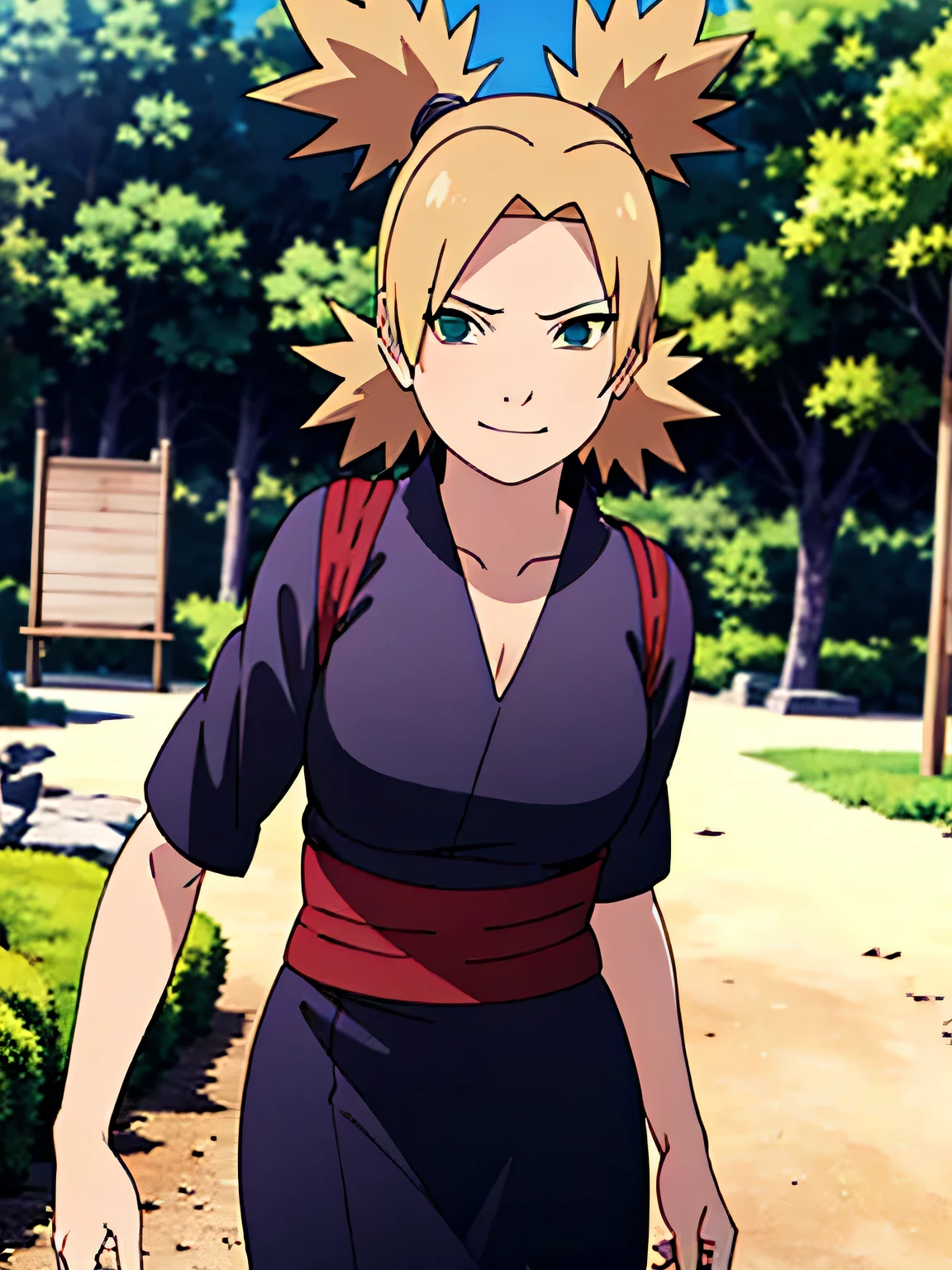 1 woman, ytemari, blonde hair, quad tails, blue eyes, fishnet,((black clothes,black yukata)), sash, line art, laugh, front view, stand,Adjust the skirt, cool colors, Masterpiece, best quality, high definition,Facing straight ,spread your legs,In the forest,smile,Look with arrogant eyes,moderate ,Beautiful ,Grab the shirt,walk,In the village