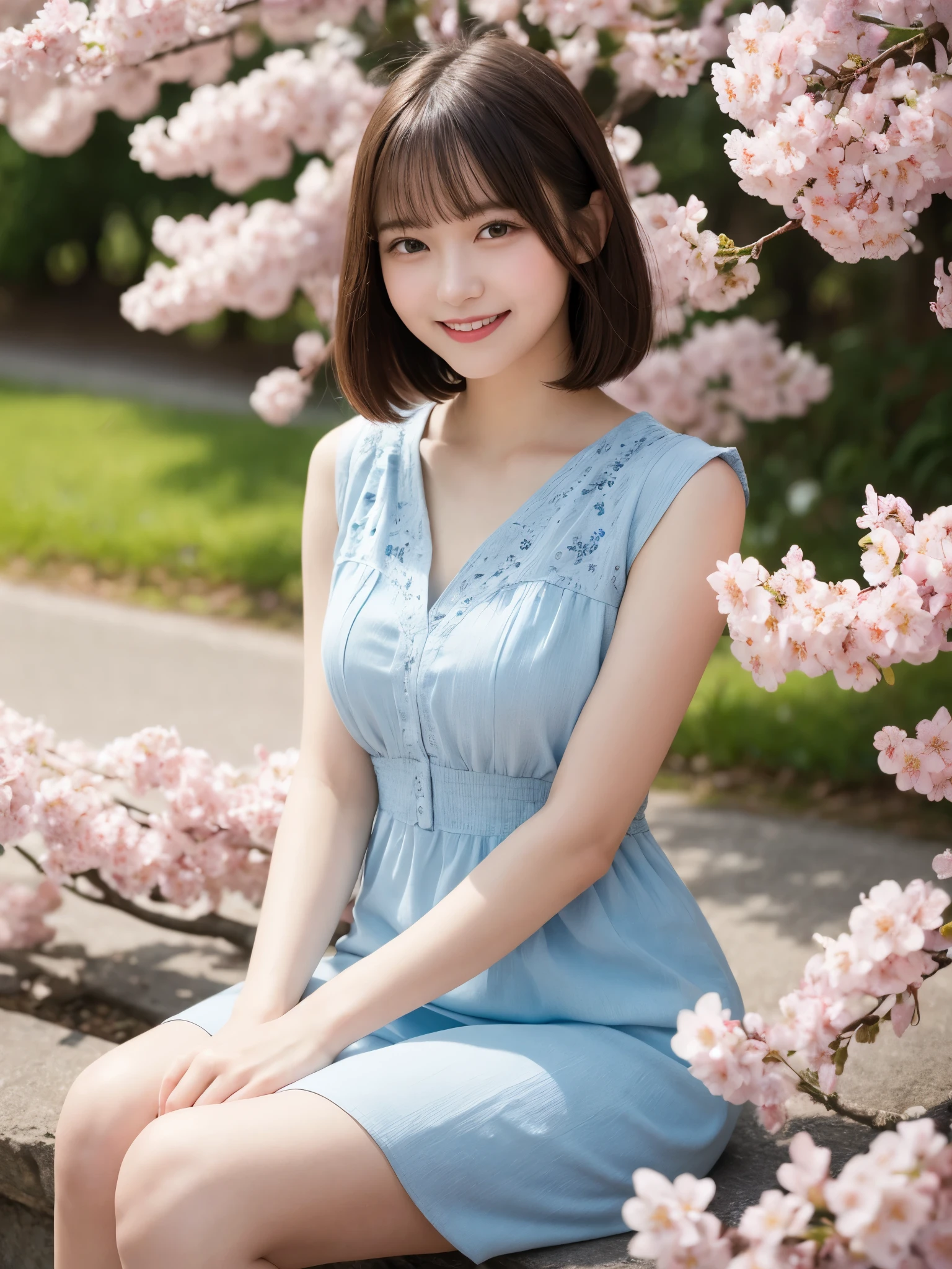 A woman sitting on a bench in front of a tree with pink flowers - SeaArt AI