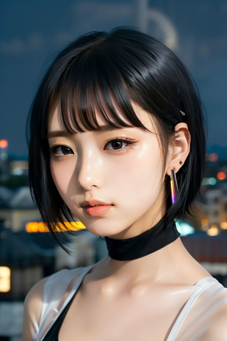 ((Rooftop of a building: 1,3)), ((Goth_punk, alone, Medium Shot, Walking the rooftops of Harajuku, ((night)), Blurred, Neon Light, Rainbow Eyes, Starry Sky, Shiny black hair, white eyebrows, Shiny Hair, (Rainbow black hair), Earring, good, jewelry, Blunt bangs, Busy eyes, Background Blurred, Blurred, hair ornaments, vision, short hair, Portraiture, Side Lock break ((Swedish girl, white skin, white)),((woman&#39;Fits her job:1.3)), break (Gal: 1. 1),(Glamour: 1. 3),(night),(Supermodel: 1.3)),break ((earring, ring)), Cowboy Shot,((Tall people)),((Android)),((look up)),((Top Angle:1. 3)), From above, Looking into the camera,((Event Companion)),((Thin see -through)) Tight-fitting underwear with straps))、Hip、Butt、bend、