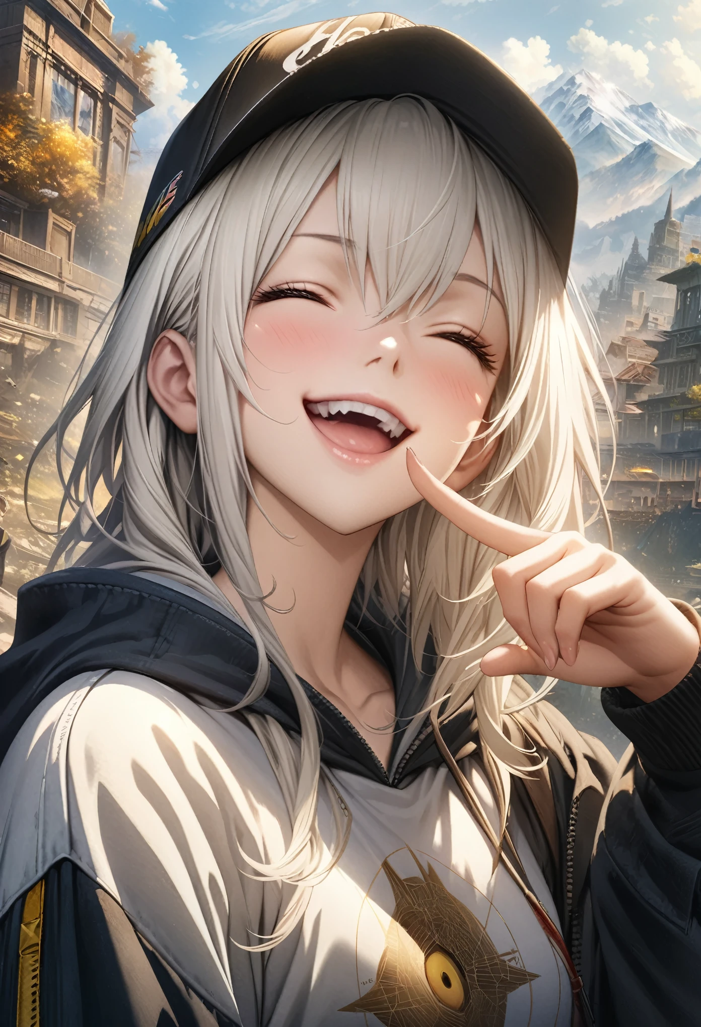 masterpiece, Highest quality, Highly detailed CG Unity 8K wallpapers, High School Girl Anime Illustration. Wear oversized clothing、she has her eyes closed and mouth open, smile. Realistic Backgrounds, 3Dart, white hair color, Yellow Eyes, Anatomical Fingers, Golden Ratio, wear a baseball cap